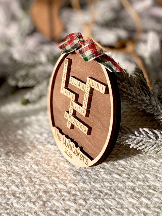 Crossword Family Name Ornament – Personalized Wooden Keepsake