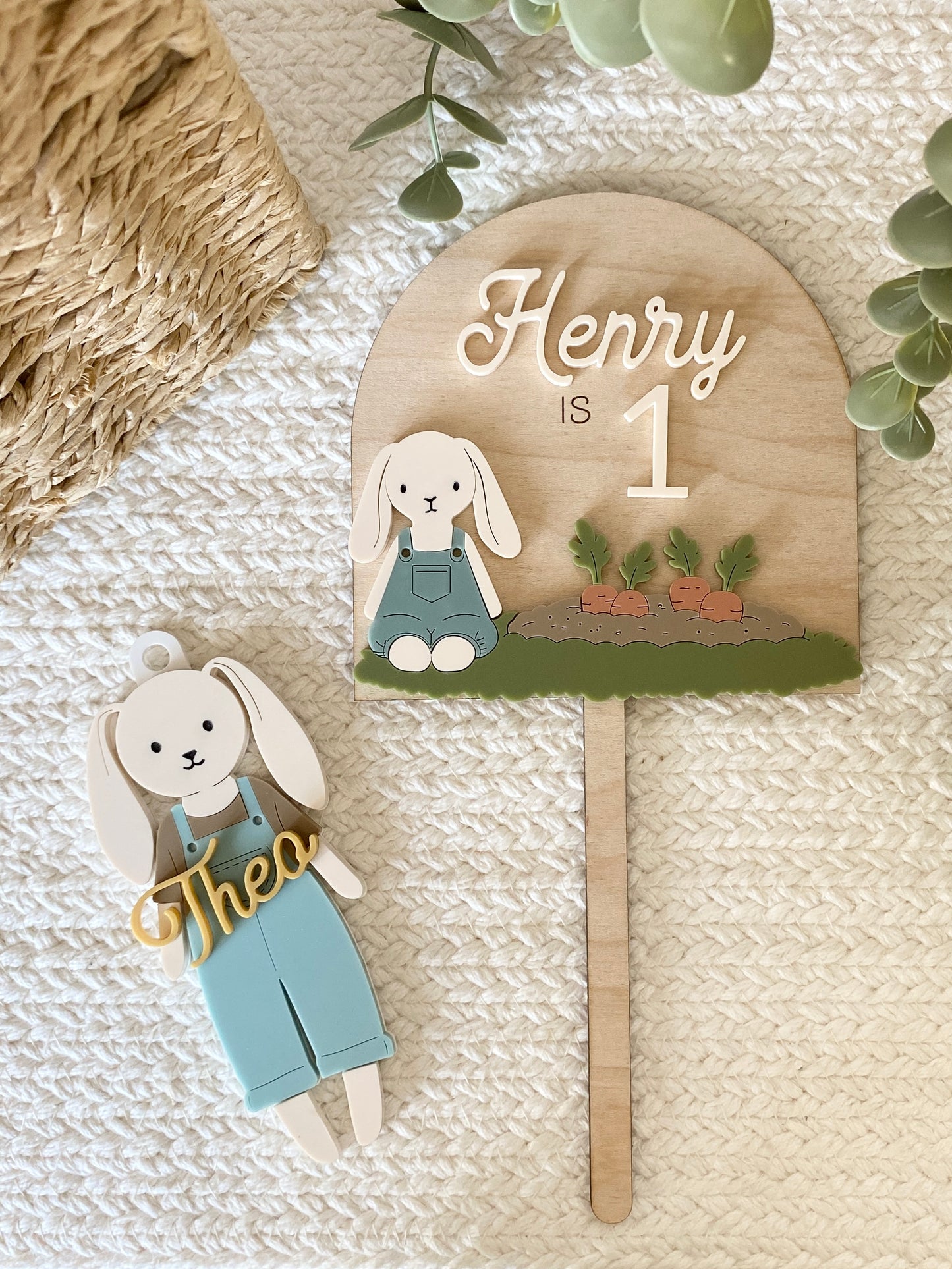 Personalized Boy Bunny Birthday Cake Topper