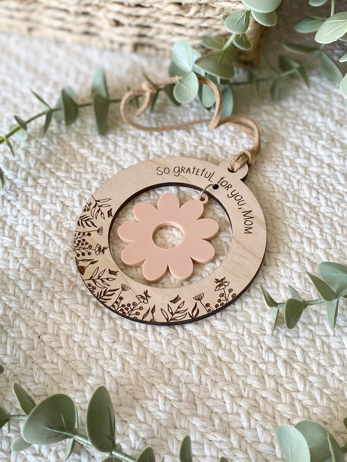Mom or Grandma Gift Ornament | “So Grateful for You, Mom” | Wooden & Acrylic Flower Charm