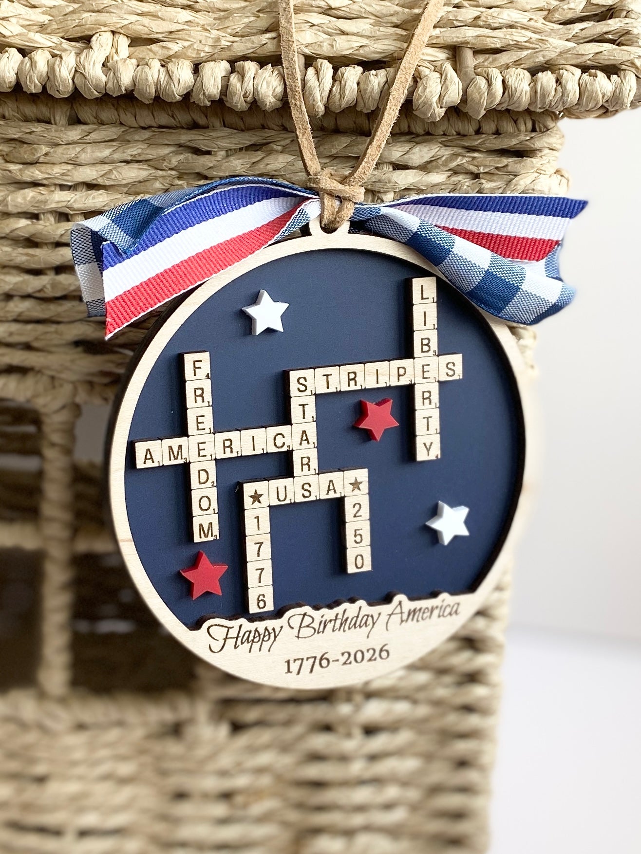 4th of July 2026 Ornament | America 250 Crossword Design | Patriotic Keepsake | Navy Blue