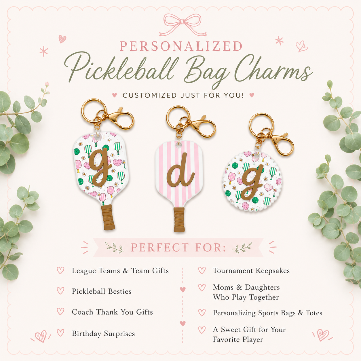 Personalized Pickleball Bag Charm | Custom Initial Keychain | Cute Pickleball Gift for Girls, Teams & Players