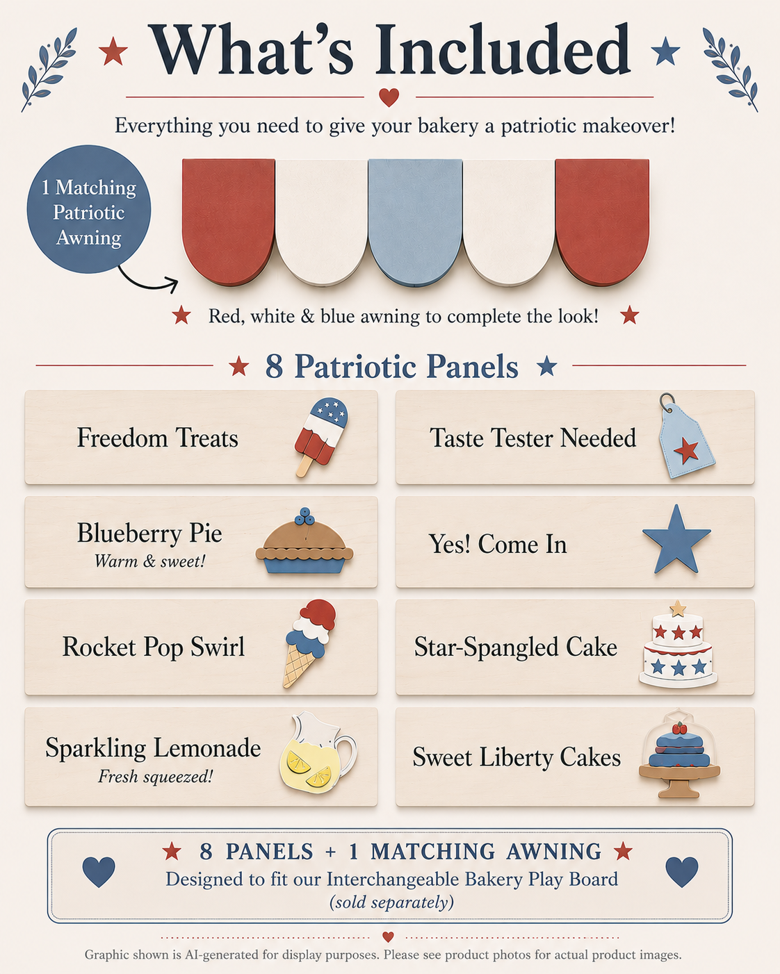 Patriotic Bakery Menu Play Board Expansion Pack  | Interchangeable Bakery Board Add-On | 4th of July Pretend Play Collection