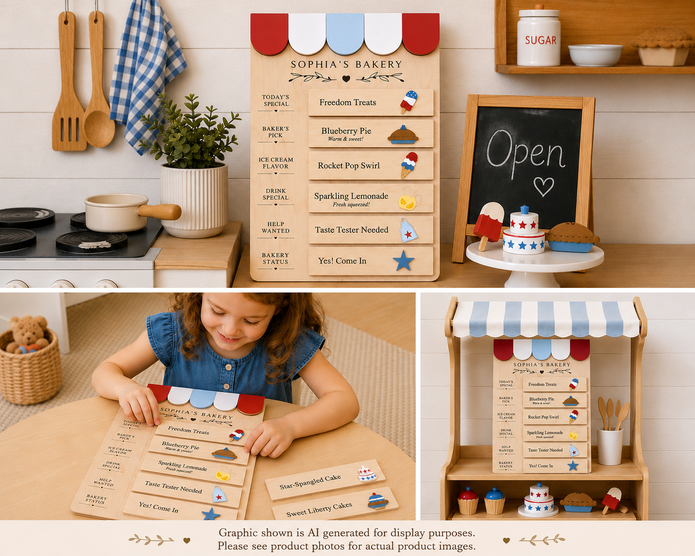 Patriotic Bakery Menu Play Board Expansion Pack  | Interchangeable Bakery Board Add-On | 4th of July Pretend Play Collection