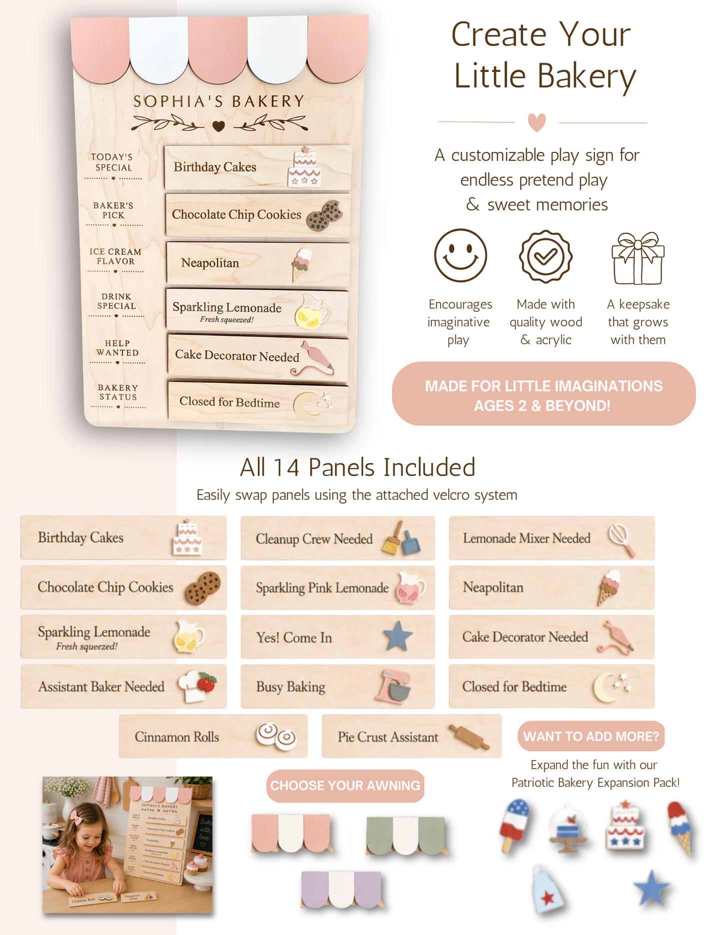 Interchangeable Bakery Play Menu Board - Starter Set| Pretend Play Bakery | Play Kitchen Decor | Personalized Playroom Sign | Montessori Inspired