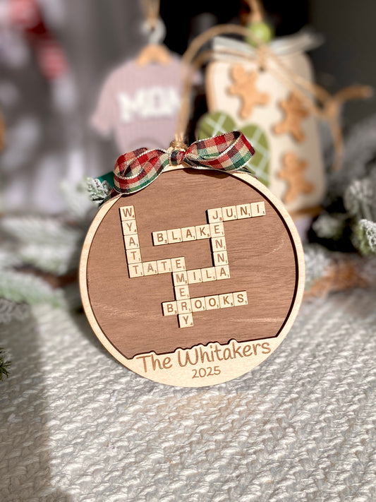 Crossword Family Name Ornament – Personalized Wooden Keepsake