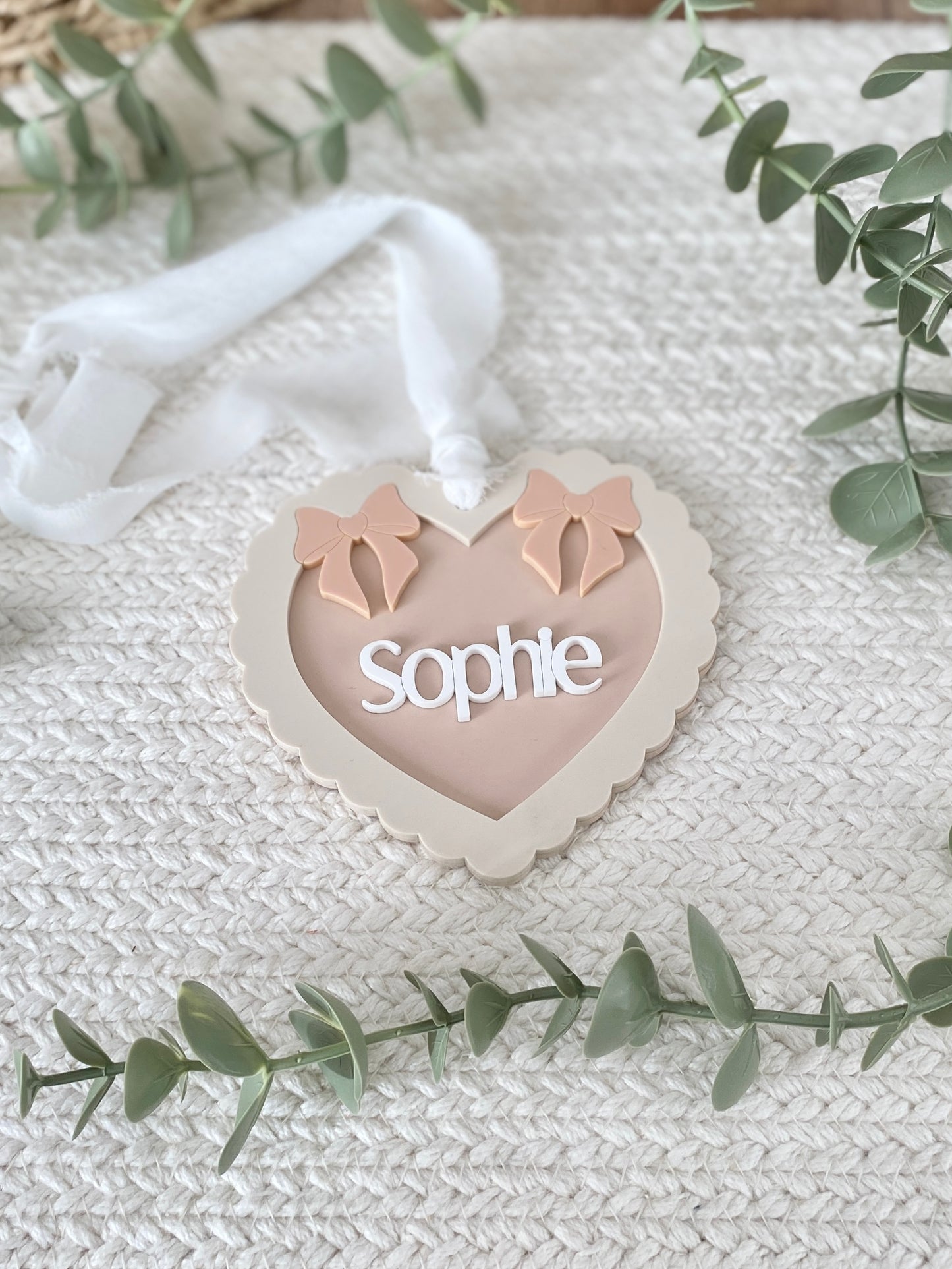 Double Bow Heart Name Ornament/Bag Tag