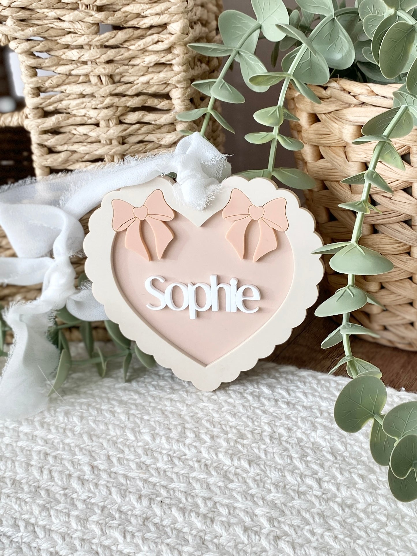 Double Bow Heart Name Ornament/Bag Tag
