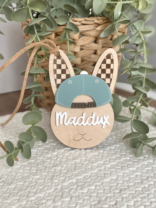 Checkered Ear Bunny Personalized Name Tag | Easter Basket Keepsake