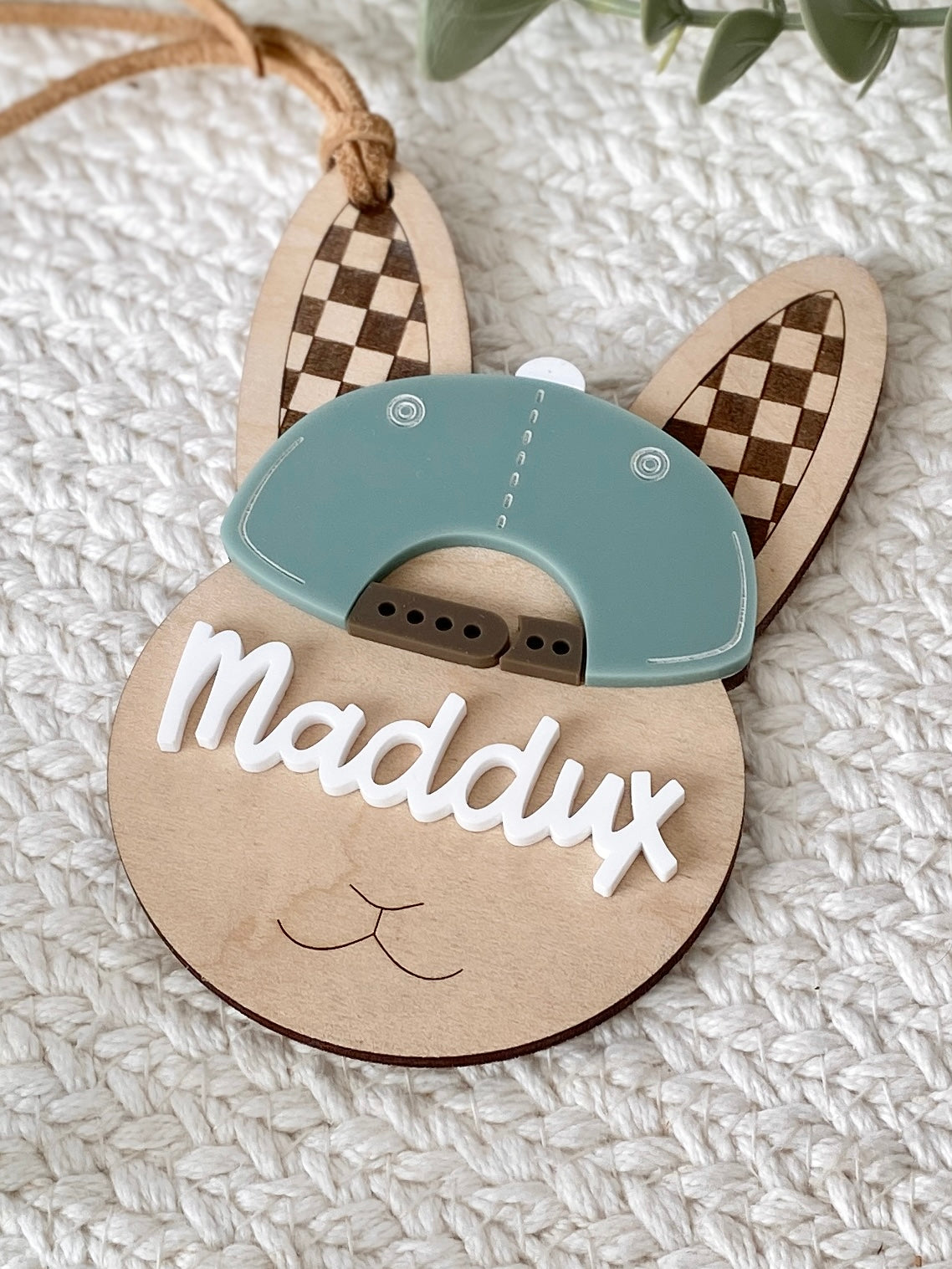 Checkered Ear Bunny Personalized Name Tag | Easter Basket Keepsake