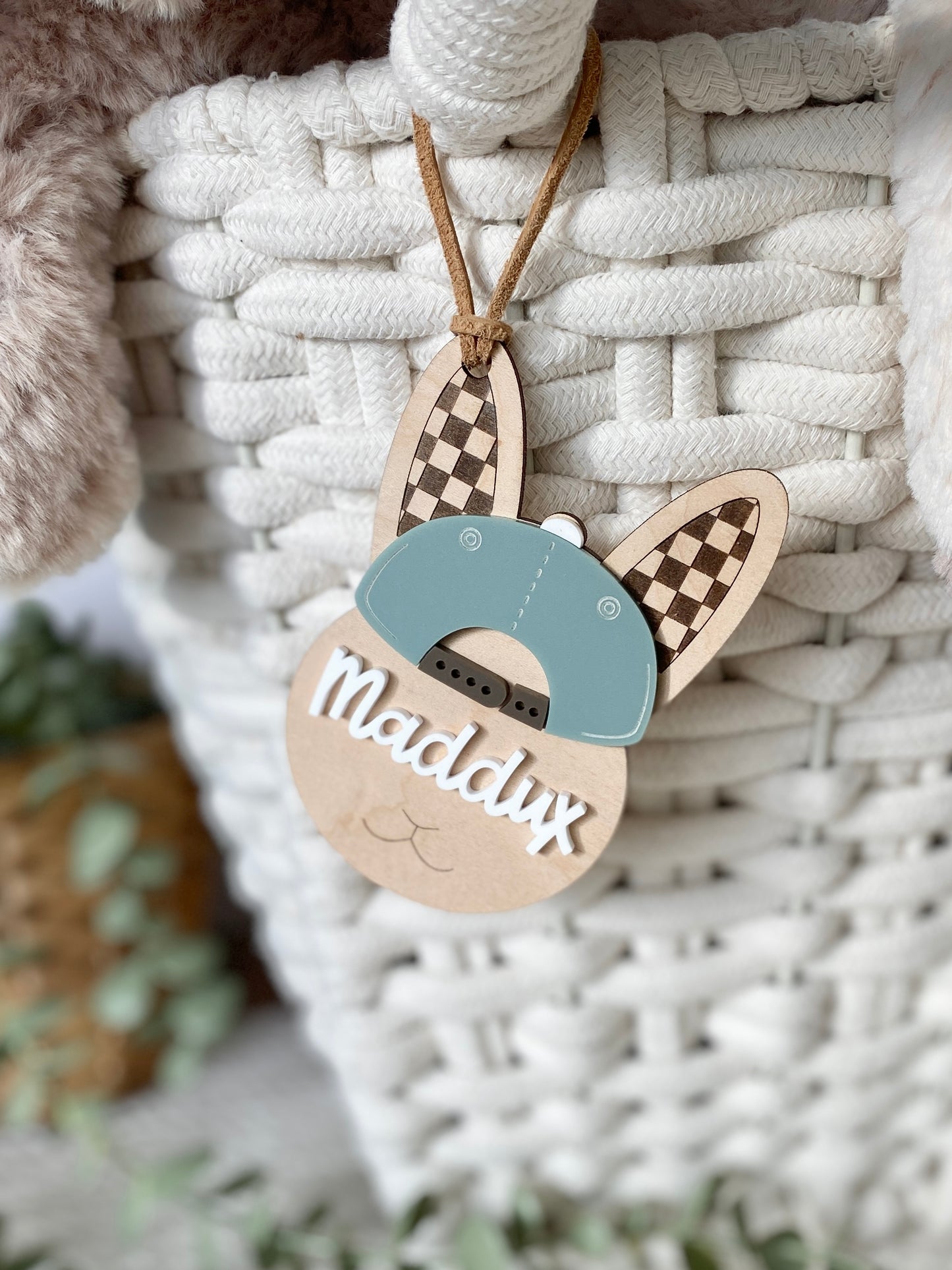 Checkered Ear Bunny Personalized Name Tag | Easter Basket Keepsake
