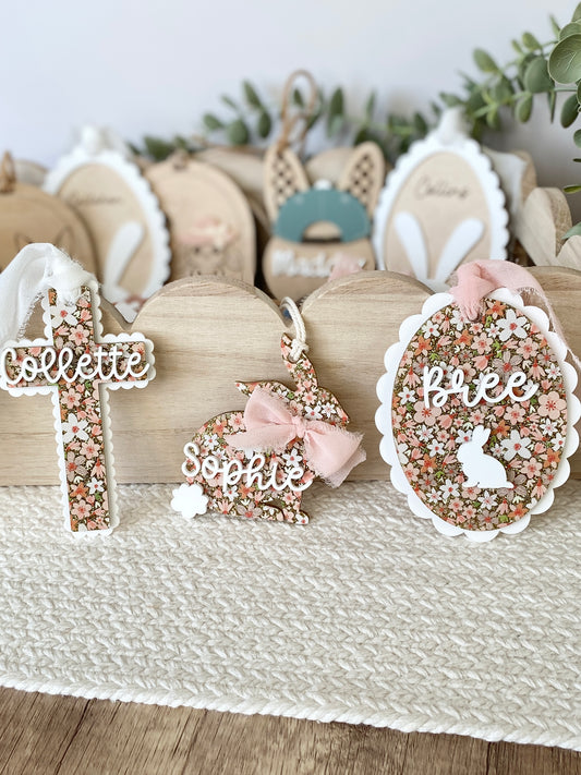 Floral Signature Easter Name Tag | Personalized Bunny, Cross or Scalloped Keepsake