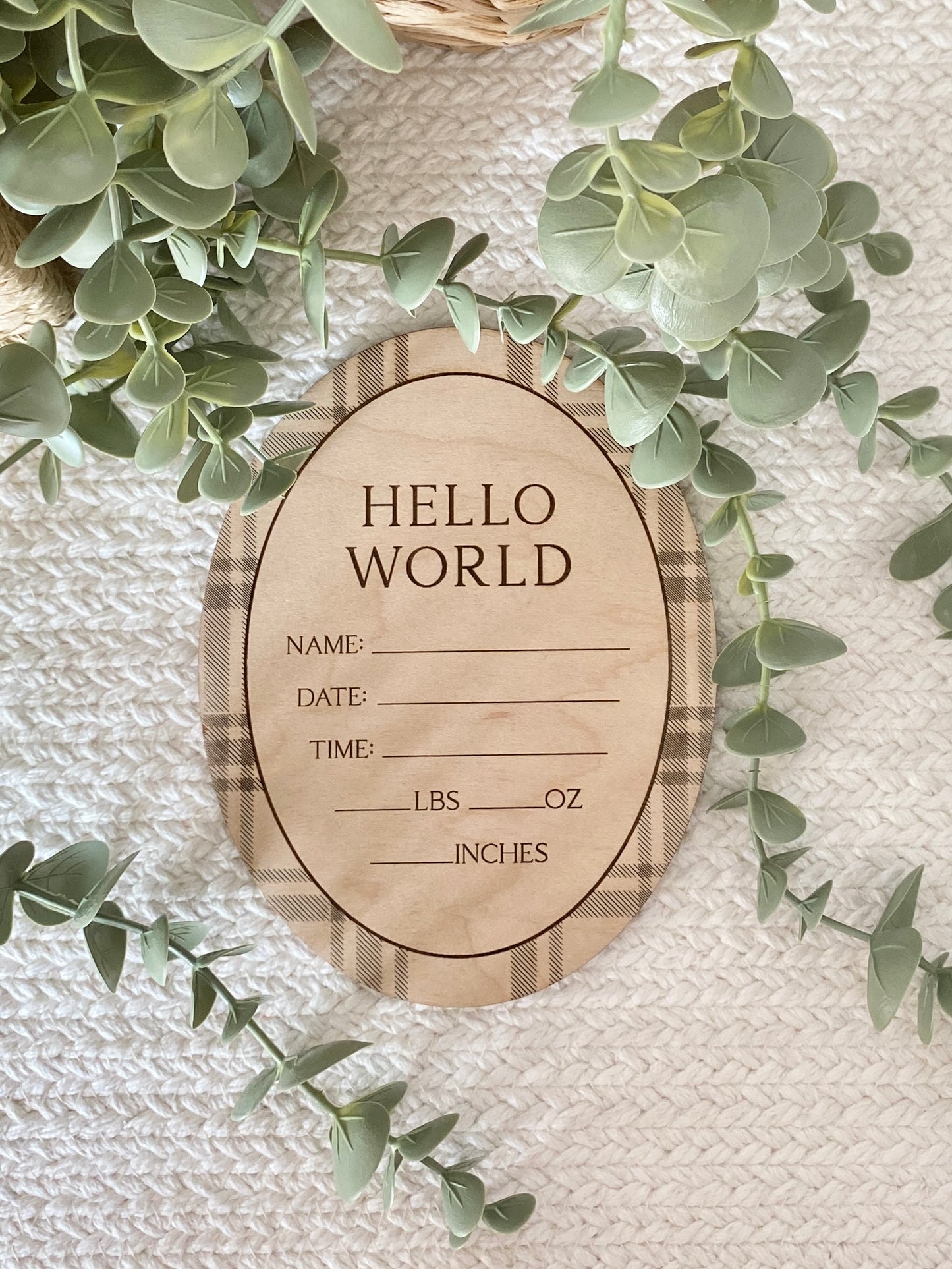 Hello World Plaid Birth Announcement Sign