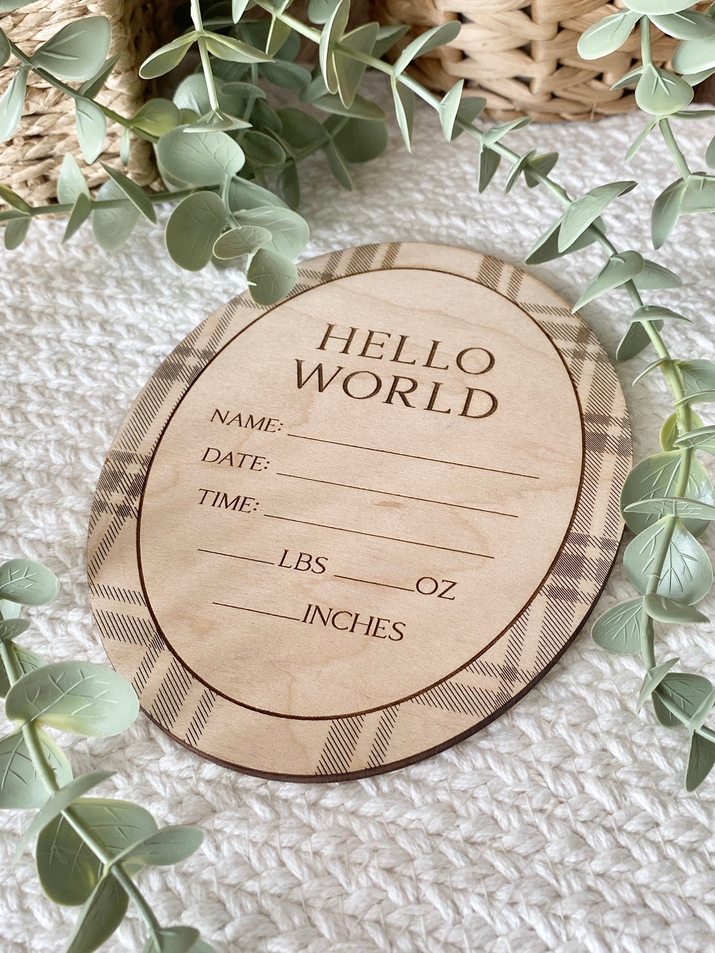 Hello World Plaid Birth Announcement Sign