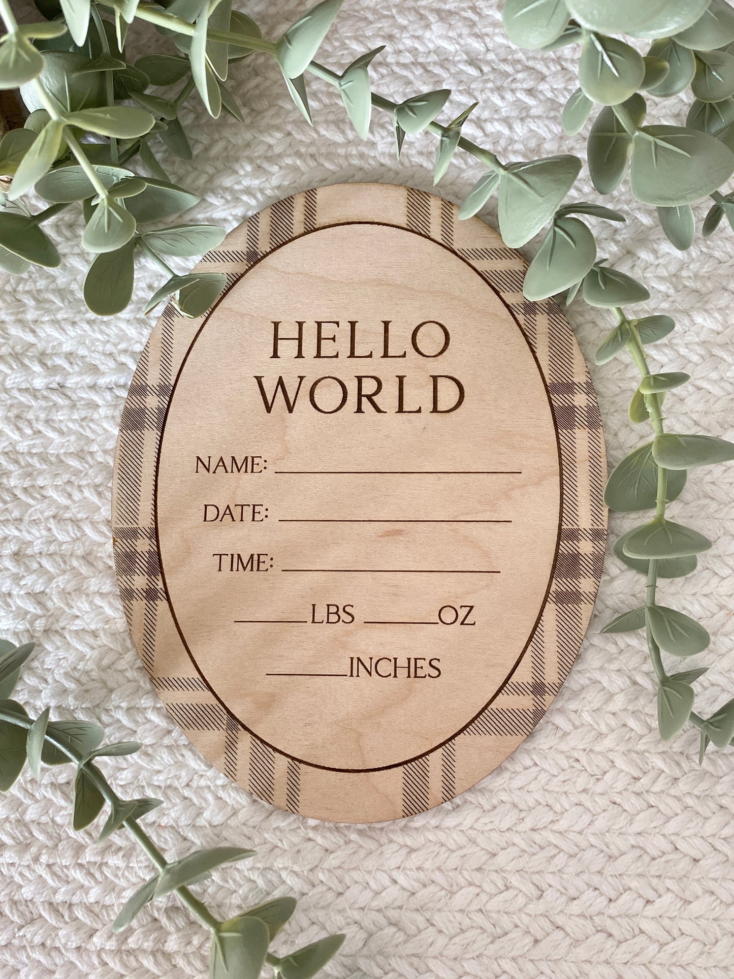 Hello World Plaid Birth Announcement Sign