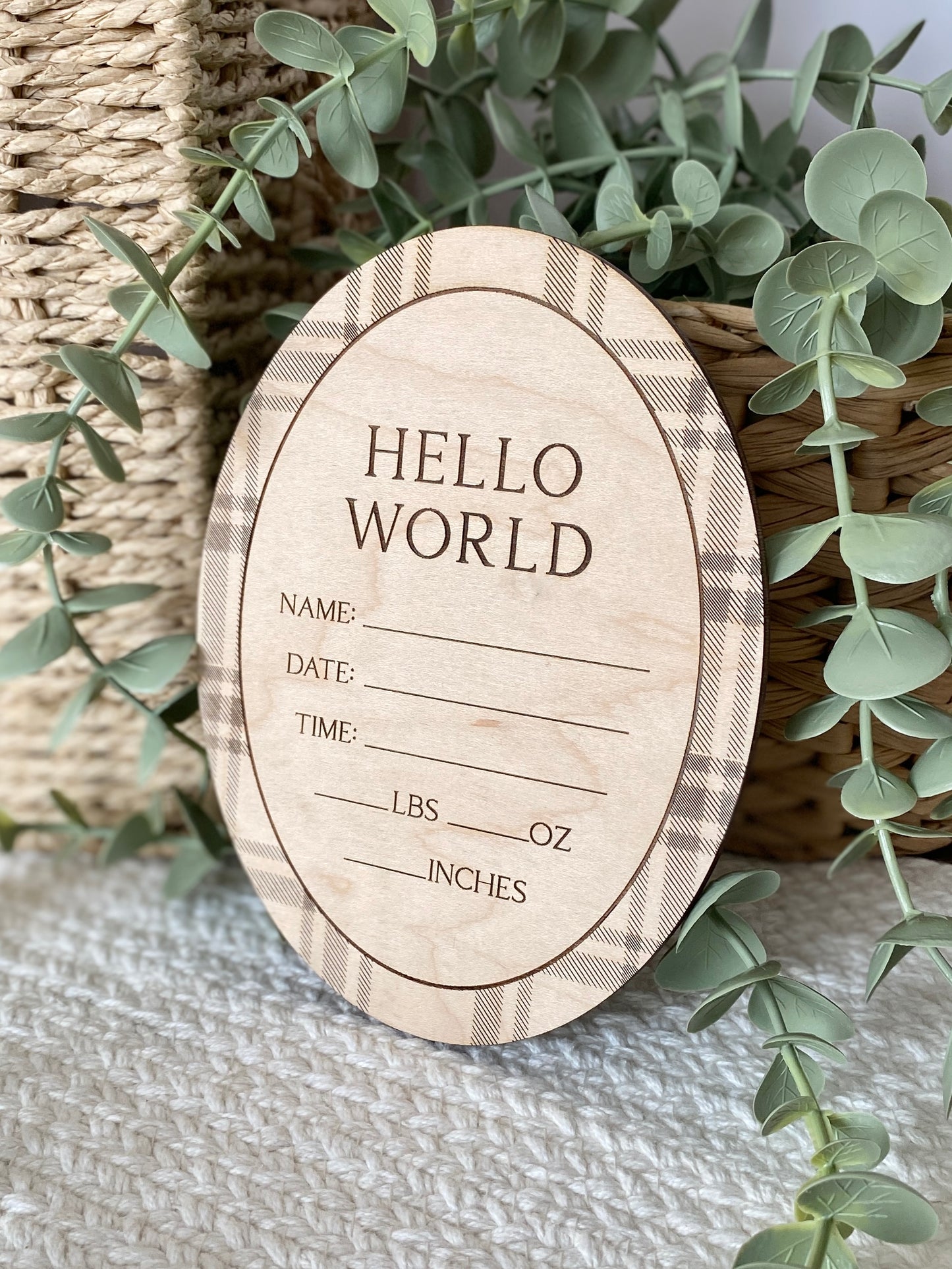 Hello World Plaid Birth Announcement Sign