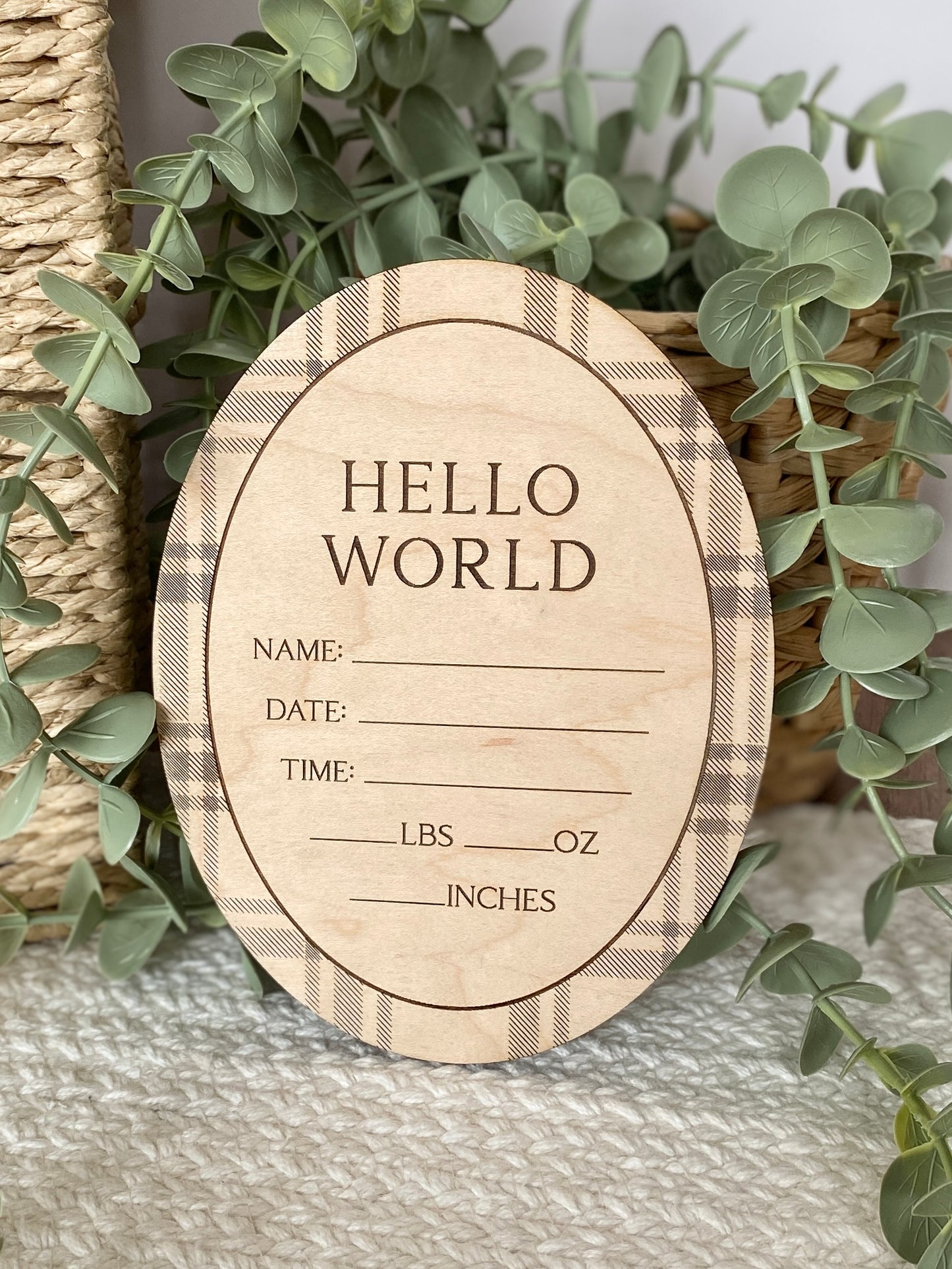 Hello World Plaid Birth Announcement Sign