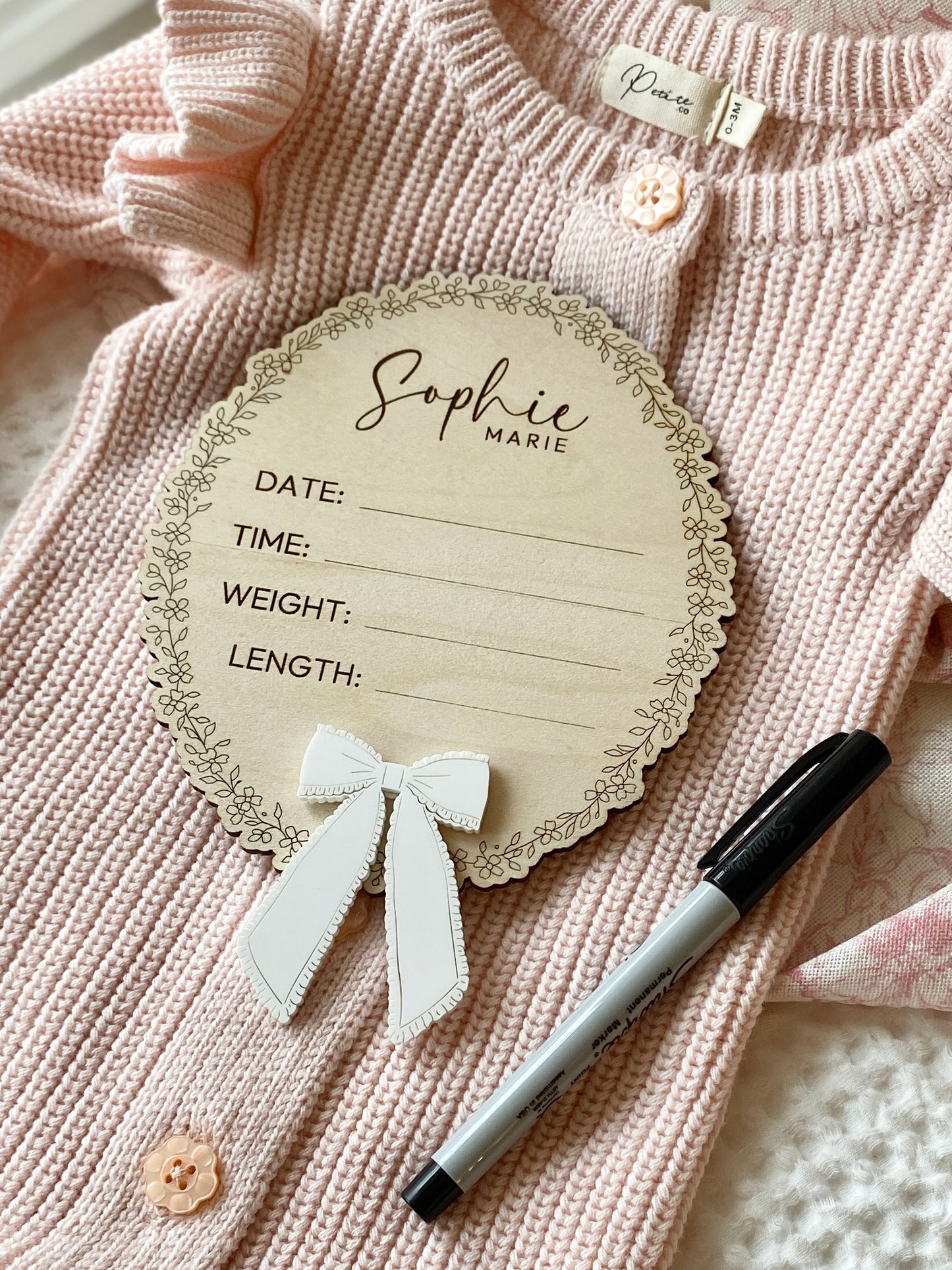 Frilly Bow Baby Birth Announcement Keepsake Plaque