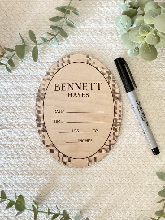 Personalized Plaid Name Birth Stat Announcement Sign