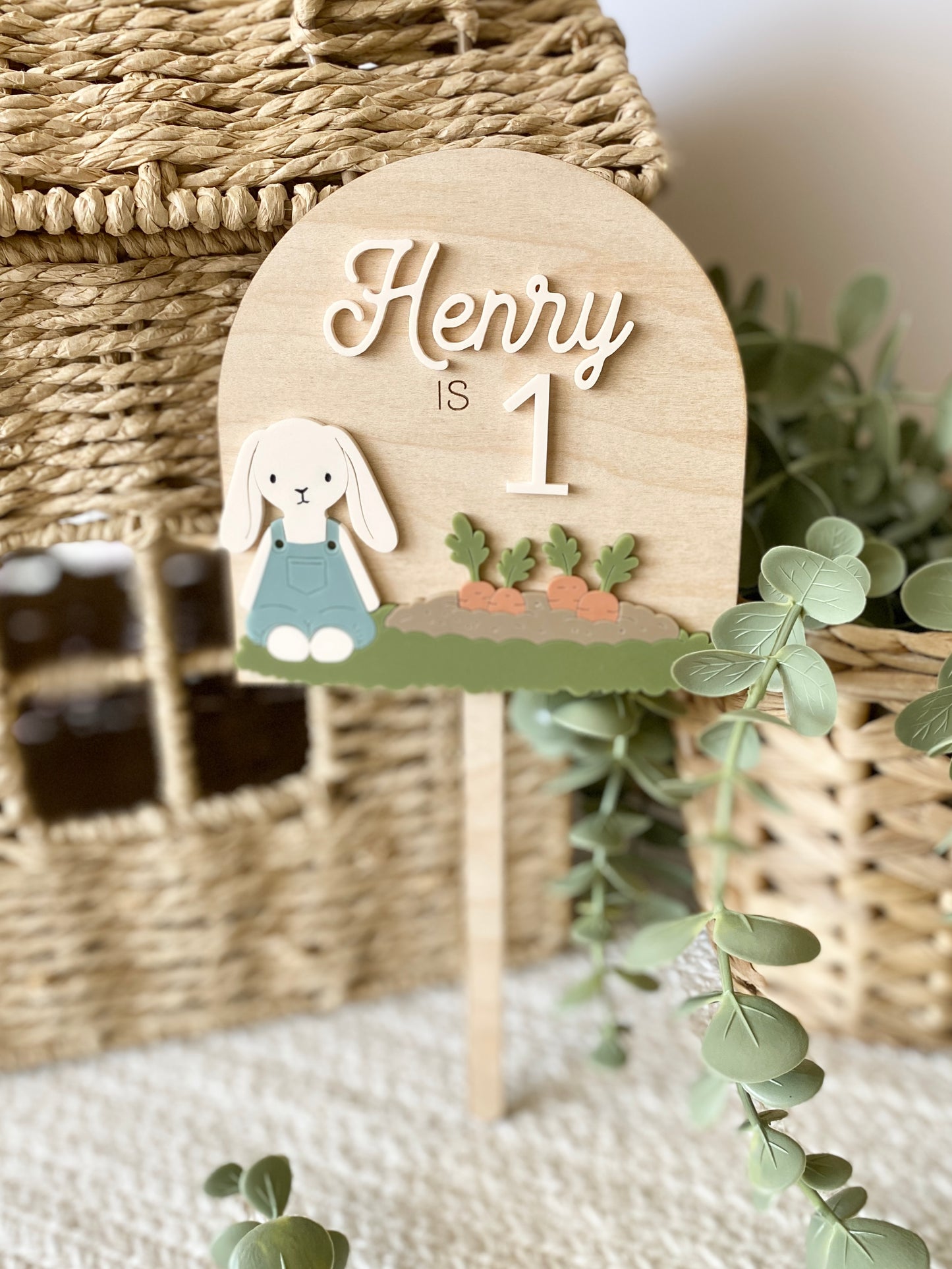Personalized Boy Bunny Birthday Cake Topper