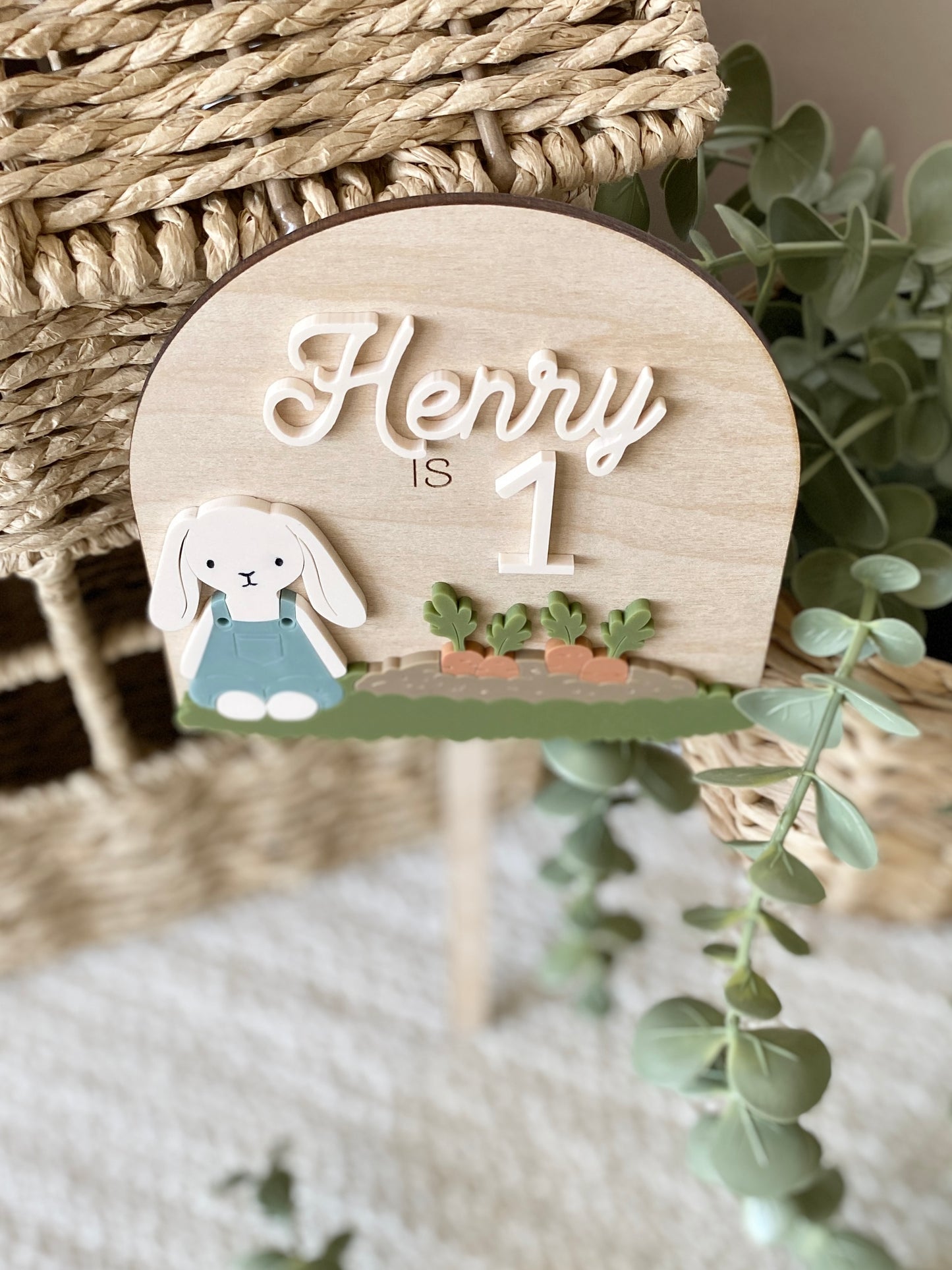 Personalized Boy Bunny Birthday Cake Topper
