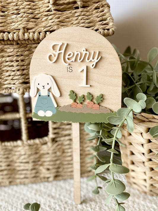 Personalized Boy Bunny Birthday Cake Topper