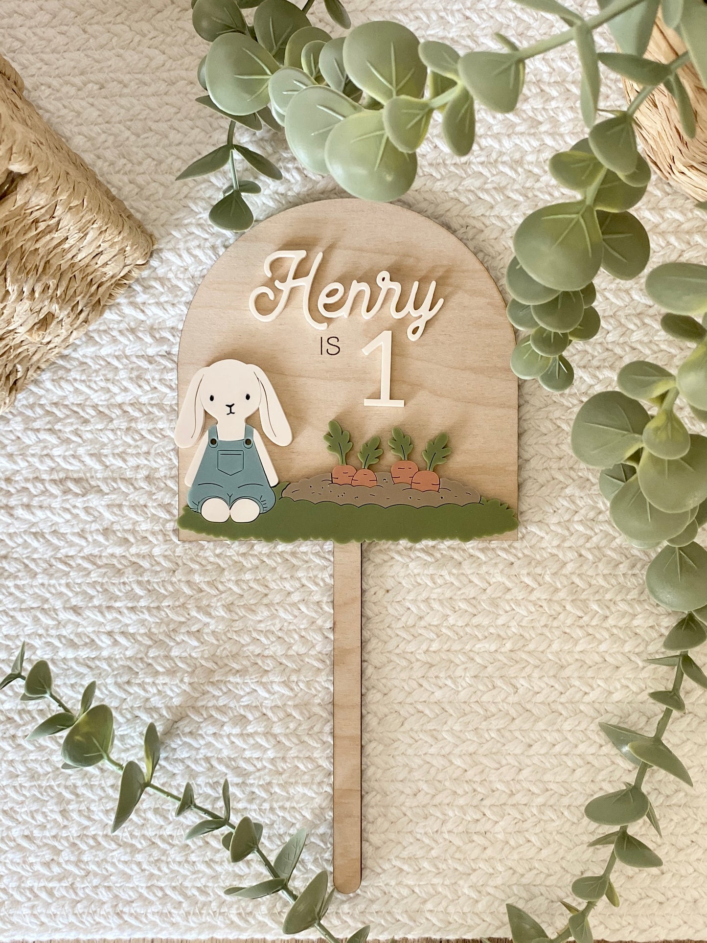 Personalized Boy Bunny Birthday Cake Topper