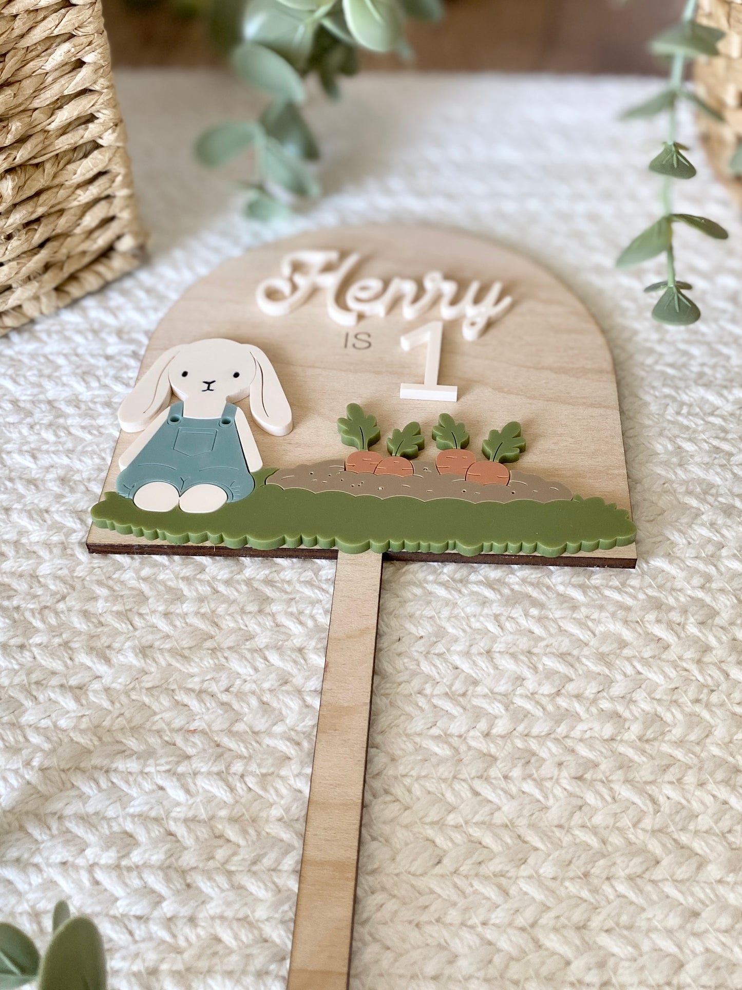 Personalized Boy Bunny Birthday Cake Topper