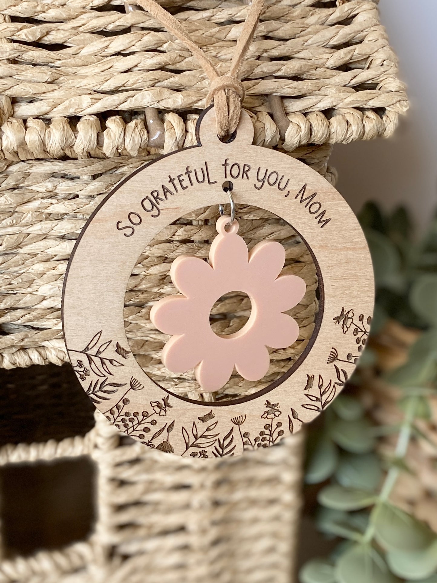 Mom or Grandma Gift Ornament | “So Grateful for You, Mom” | Wooden & Acrylic Flower Charm