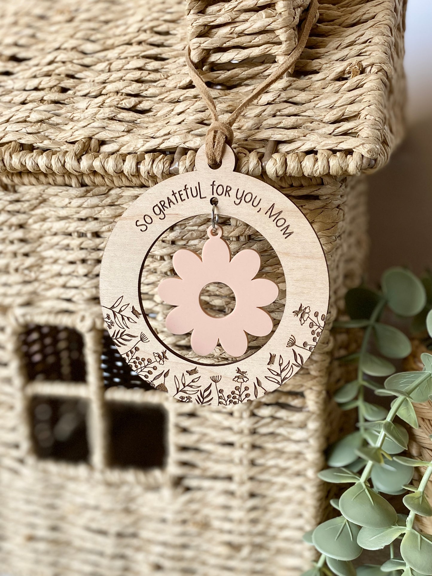 Mom or Grandma Gift Ornament | “So Grateful for You, Mom” | Wooden & Acrylic Flower Charm