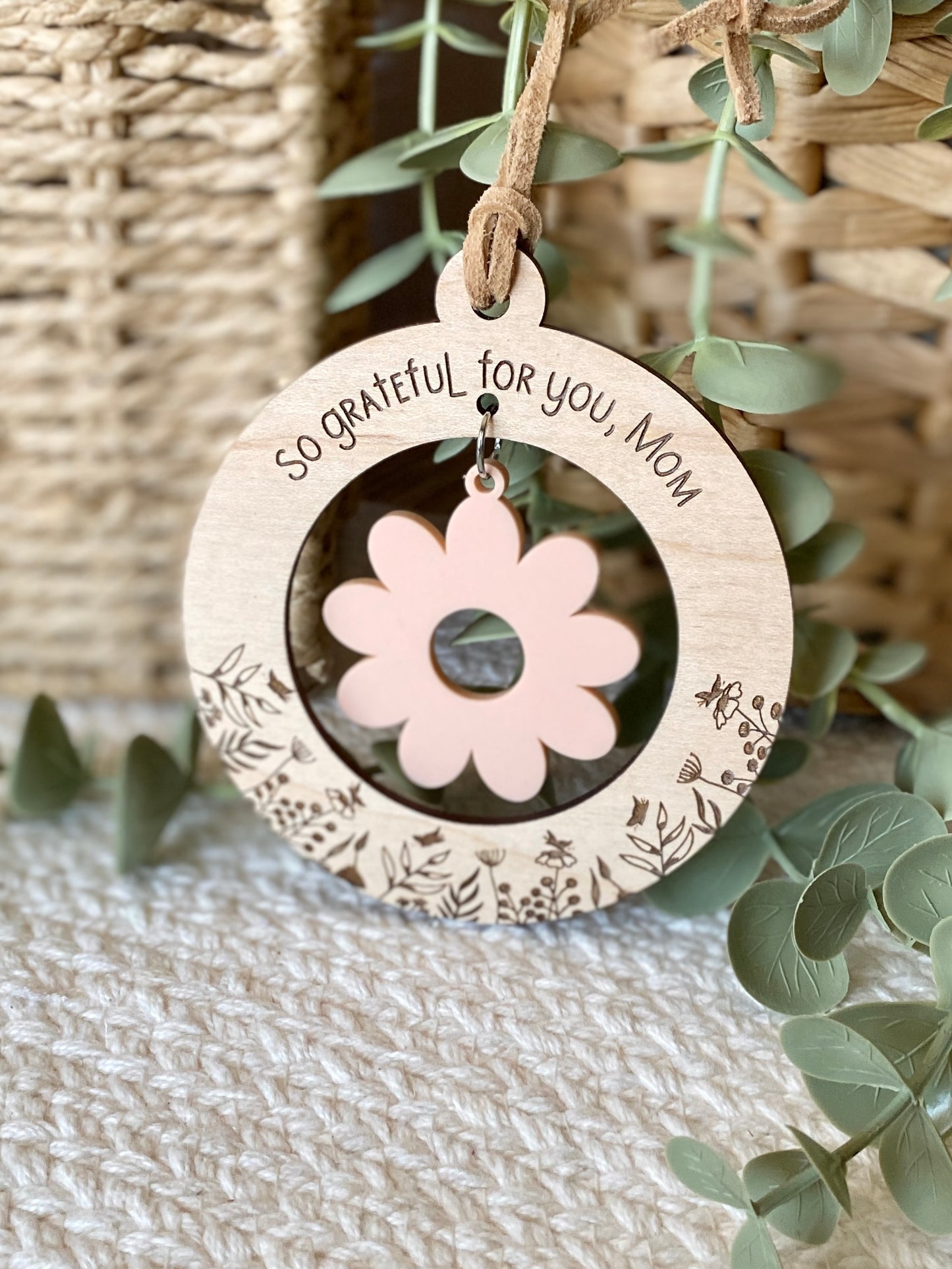 Mom or Grandma Gift Ornament | “So Grateful for You, Mom” | Wooden & Acrylic Flower Charm