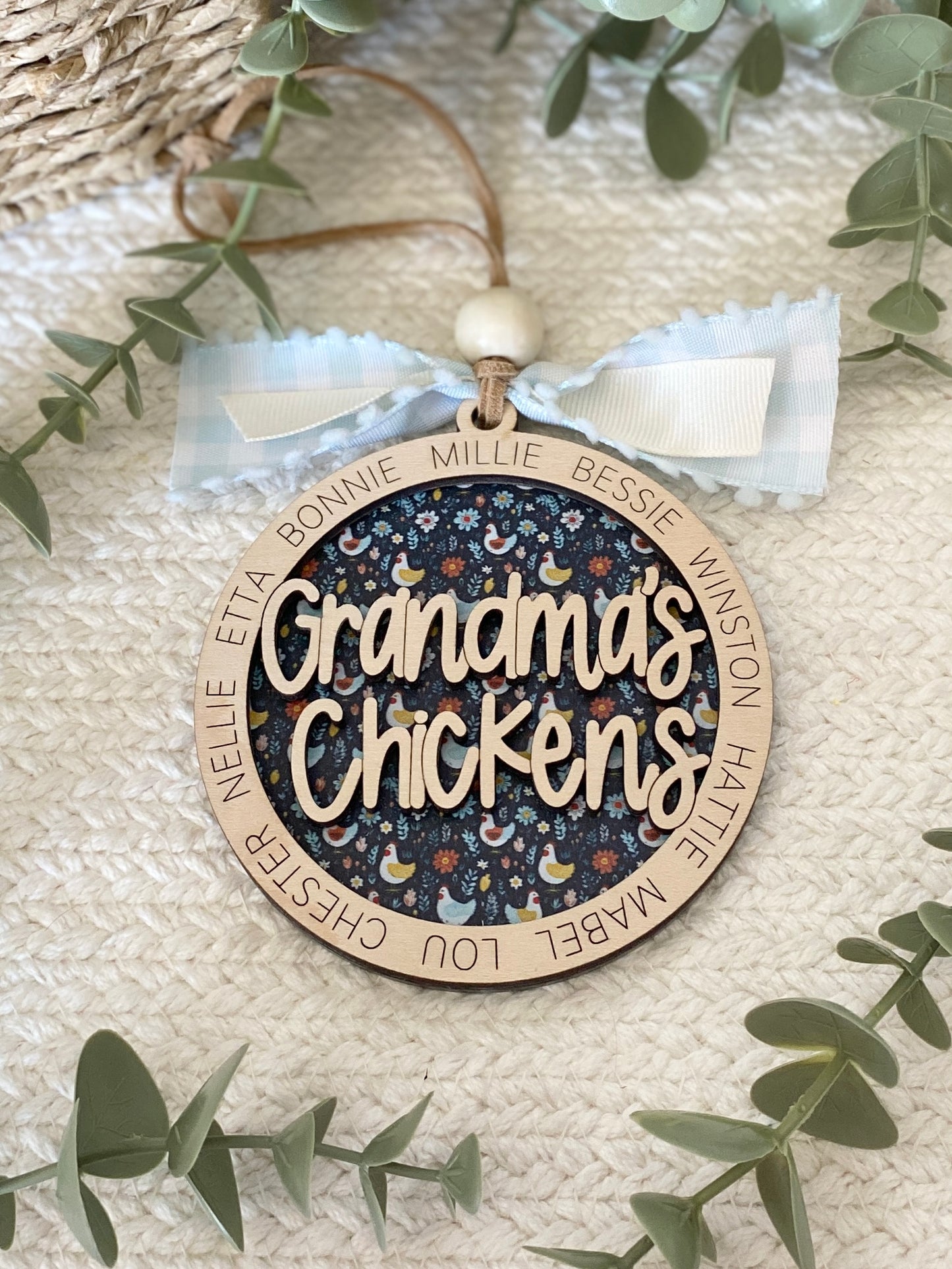 Personalized Mom or Grandma’s Chickens Ornament | Custom Chicken Lover Gift | Wood & Acrylic Keepsake