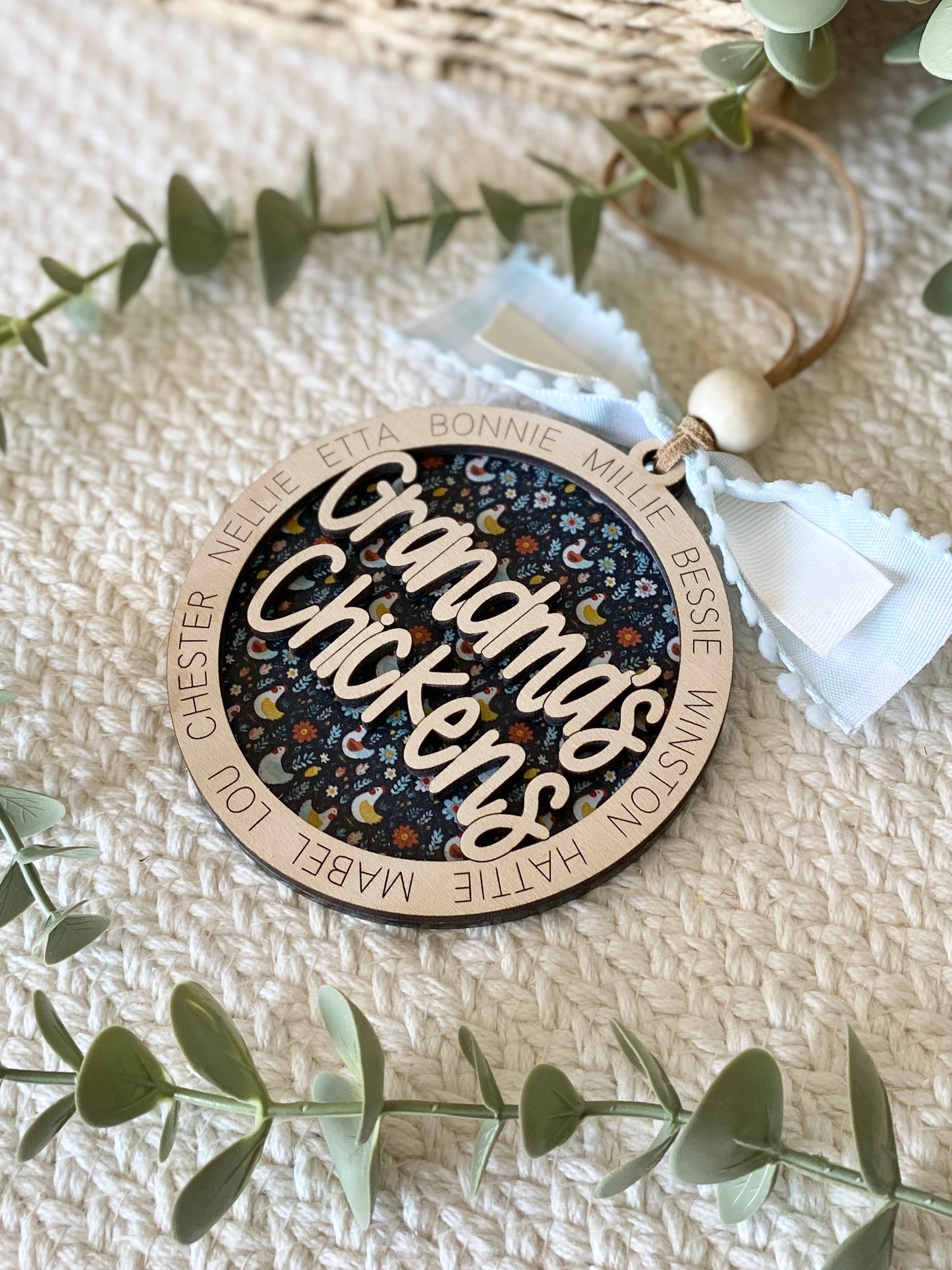 Personalized Mom or Grandma’s Chickens Ornament | Custom Chicken Lover Gift | Wood & Acrylic Keepsake
