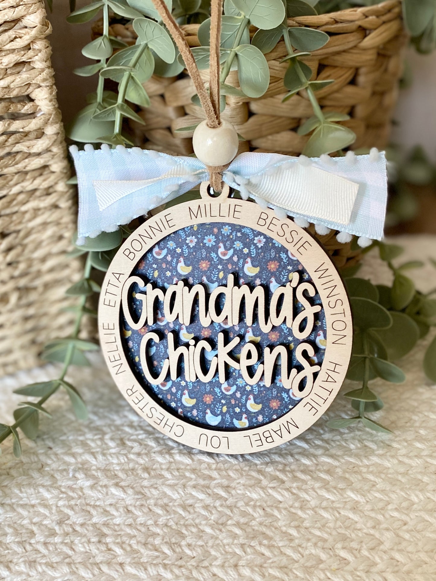 Personalized Mom or Grandma’s Chickens Ornament | Custom Chicken Lover Gift | Wood & Acrylic Keepsake