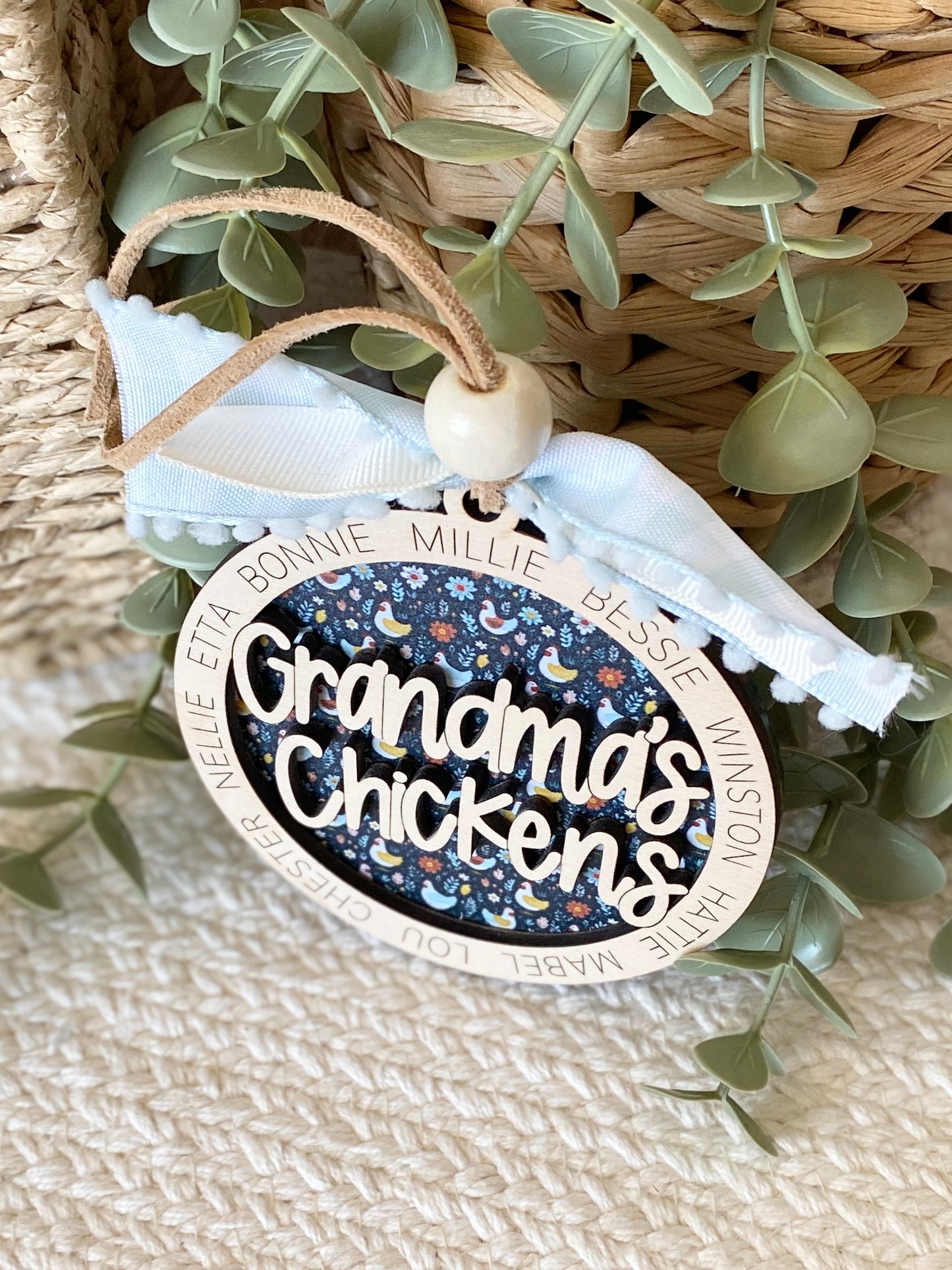 Personalized Mom or Grandma’s Chickens Ornament | Custom Chicken Lover Gift | Wood & Acrylic Keepsake