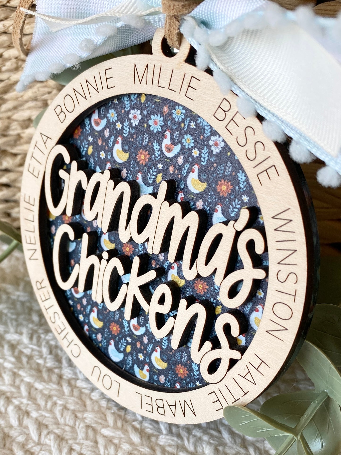 Personalized Mom or Grandma’s Chickens Ornament | Custom Chicken Lover Gift | Wood & Acrylic Keepsake