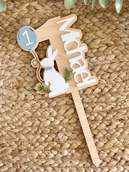 Personalized Bunny Birthday Cake Topper – Custom Name & Age Keepsake (Any Number)
