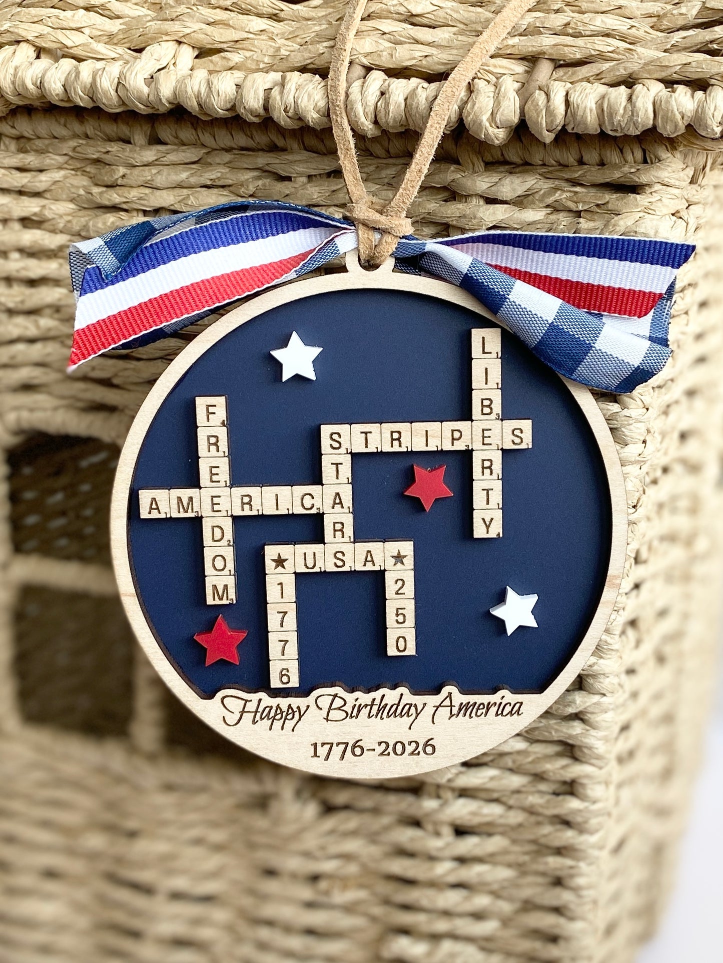 4th of July 2026 Ornament | America 250 Crossword Design | Patriotic Keepsake | Navy Blue