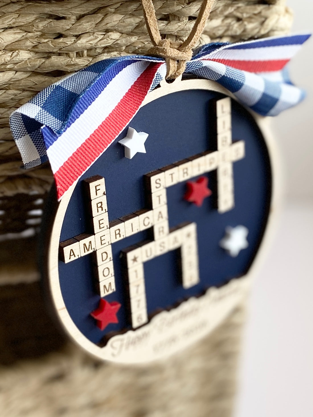 4th of July 2026 Ornament | America 250 Crossword Design | Patriotic Keepsake | Navy Blue