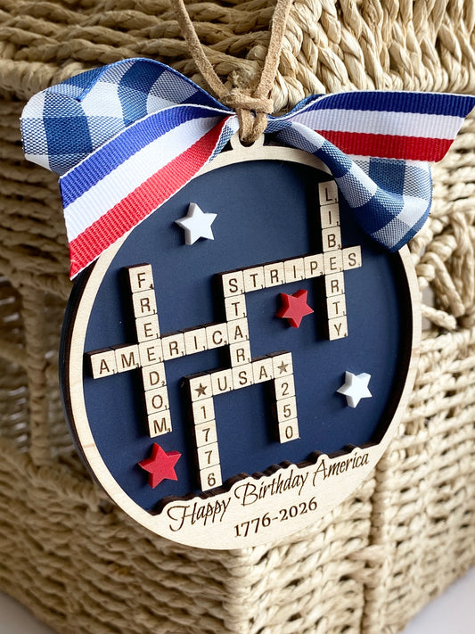 4th of July 2026 Ornament | America 250 Crossword Design | Patriotic Keepsake | Navy Blue