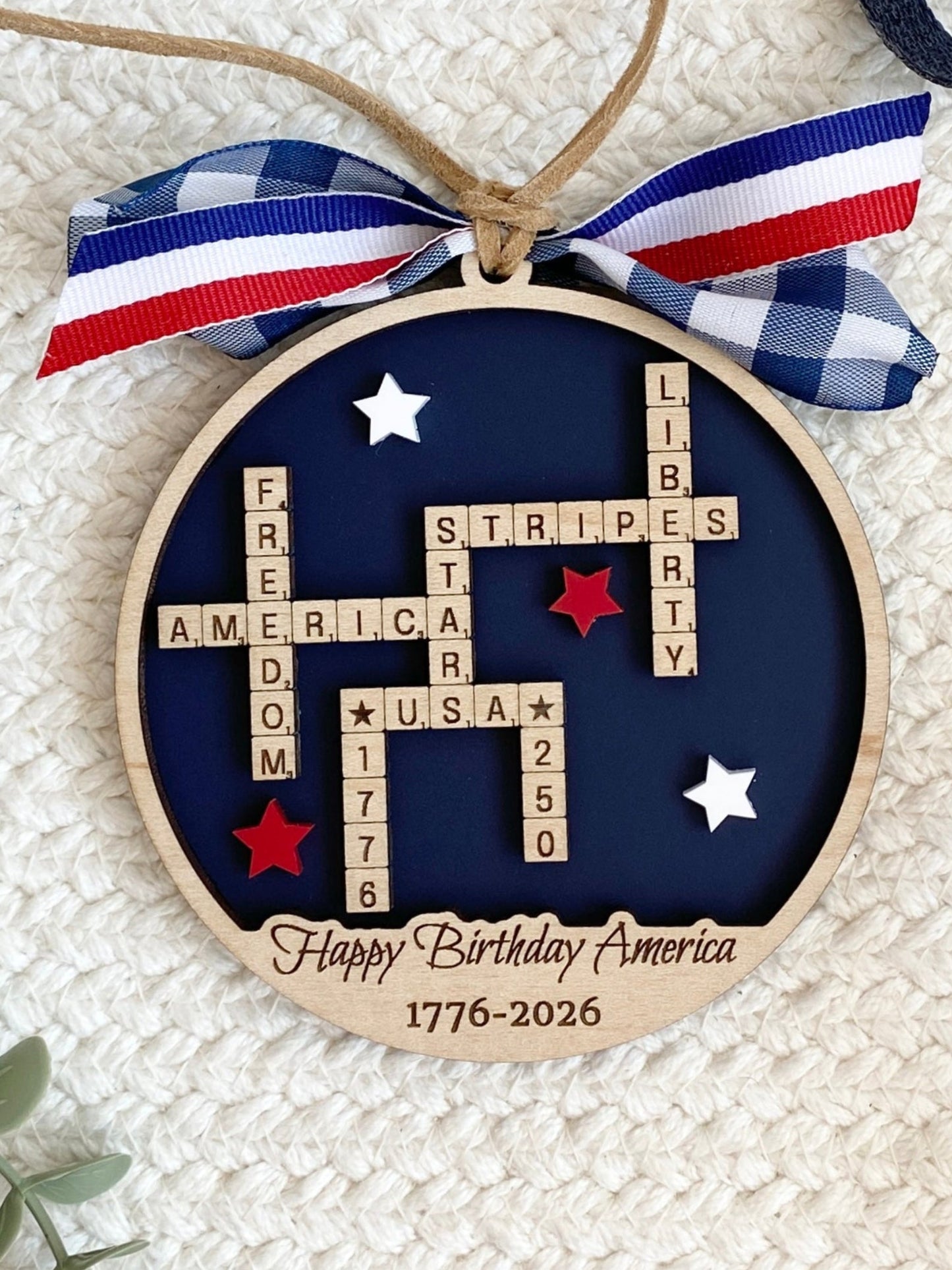 4th of July 2026 Ornament | America 250 Crossword Design | Patriotic Keepsake | Navy Blue