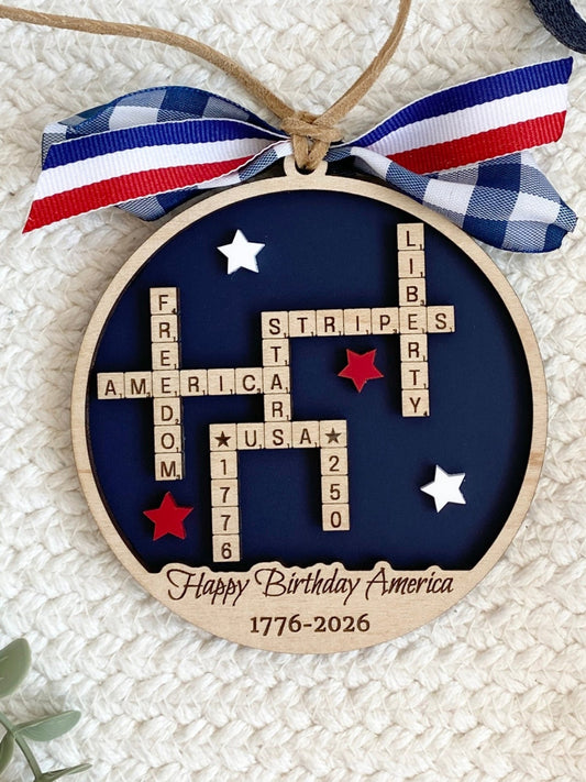 4th of July 2026 Ornament | America 250 Crossword Design | Patriotic Keepsake | Navy Blue