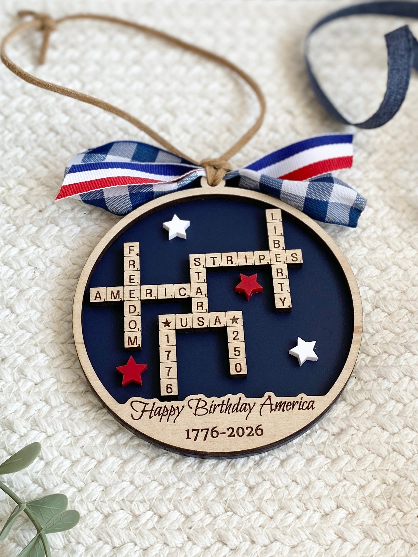 4th of July 2026 Ornament | America 250 Crossword Design | Patriotic Keepsake | Navy Blue