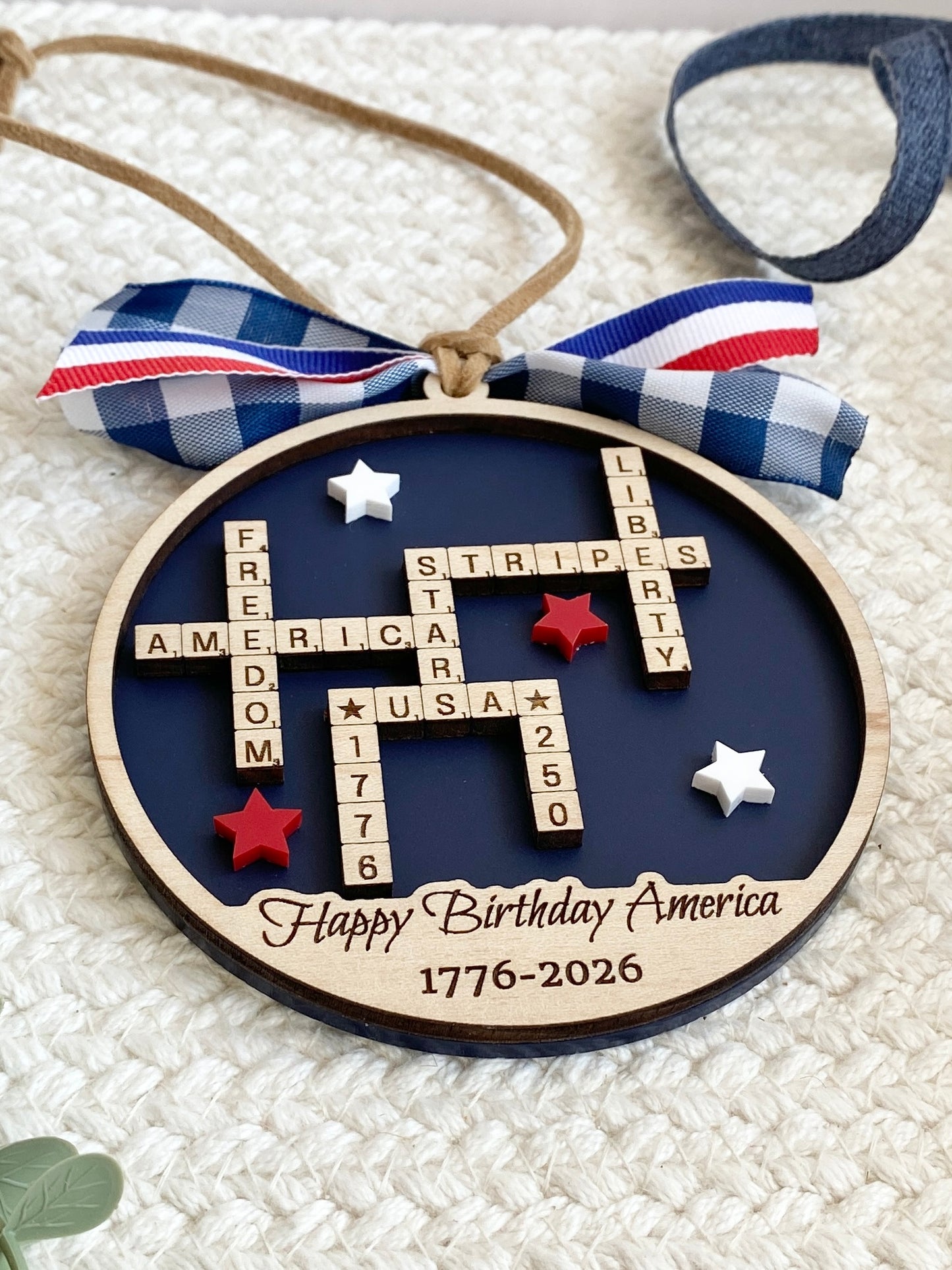 4th of July 2026 Ornament | America 250 Crossword Design | Patriotic Keepsake | Navy Blue