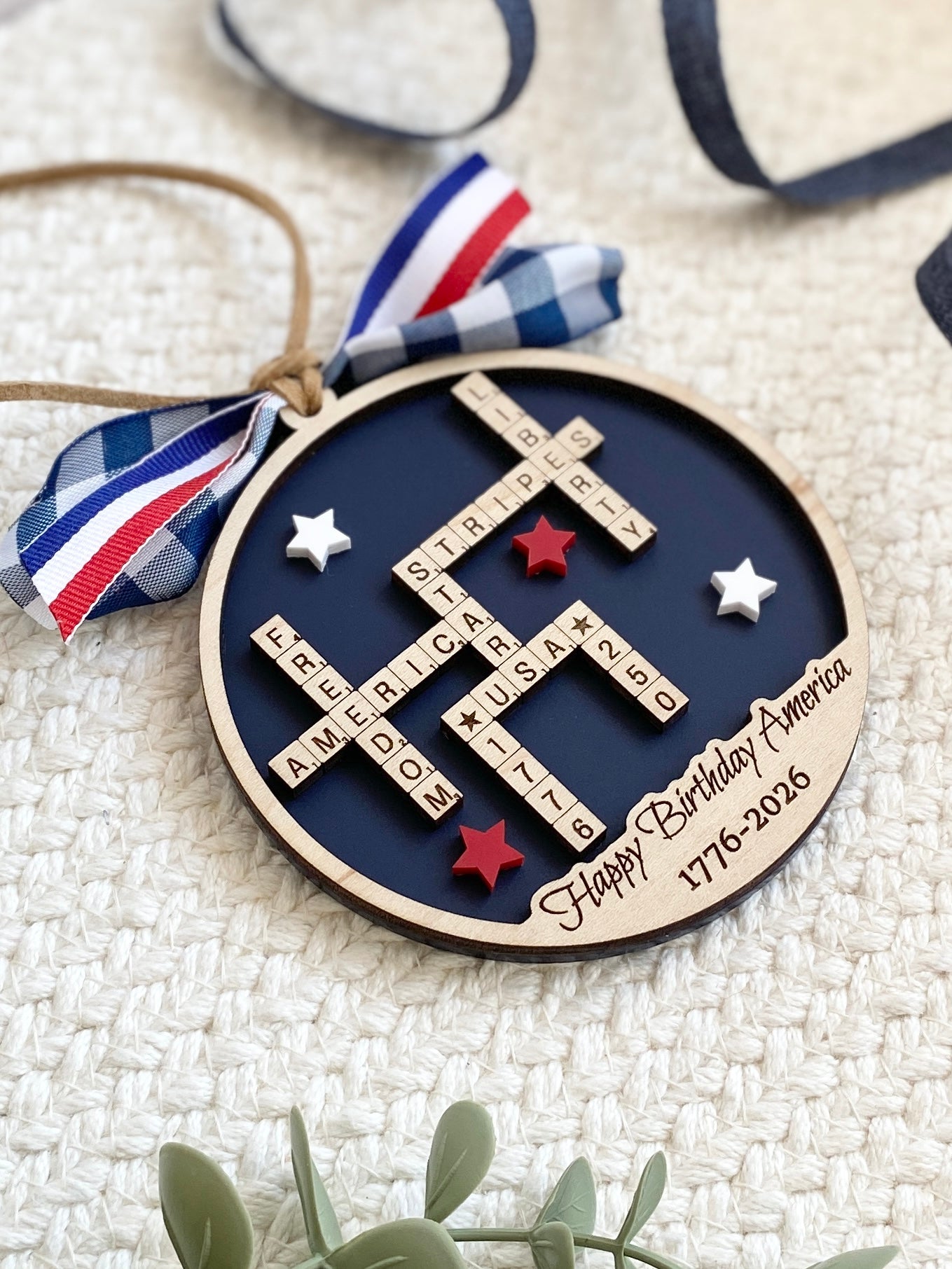 4th of July 2026 Ornament | America 250 Crossword Design | Patriotic Keepsake | Navy Blue
