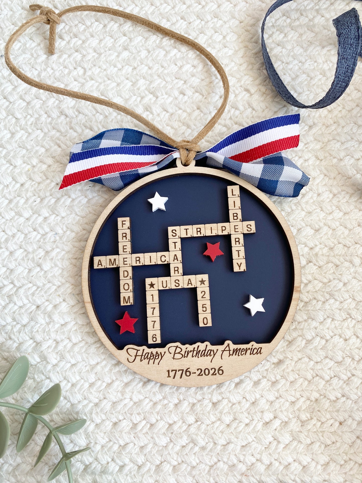 4th of July 2026 Ornament | America 250 Crossword Design | Patriotic Keepsake | Navy Blue