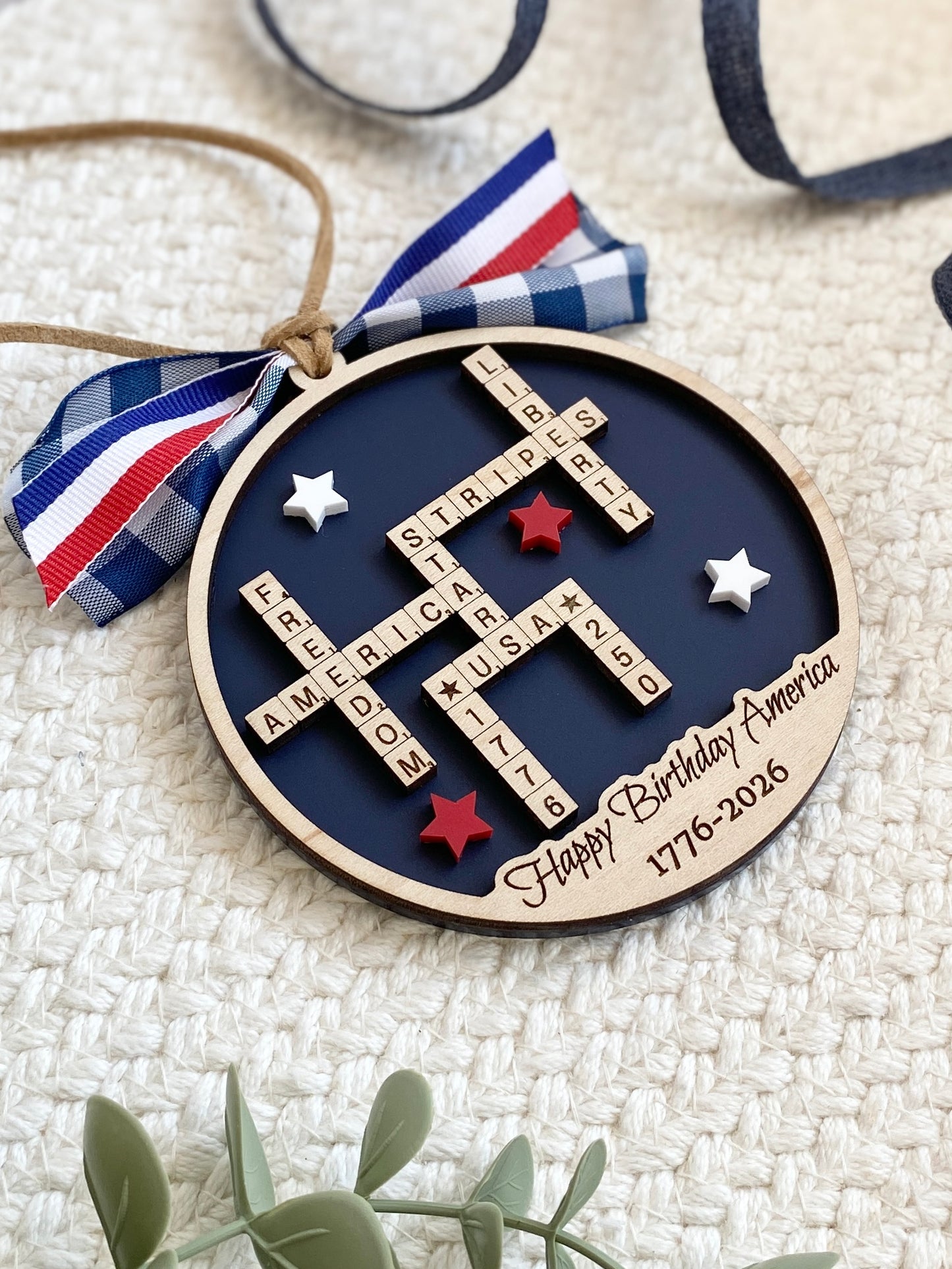 4th of July 2026 Ornament | America 250 Crossword Design | Patriotic Keepsake | Navy Blue