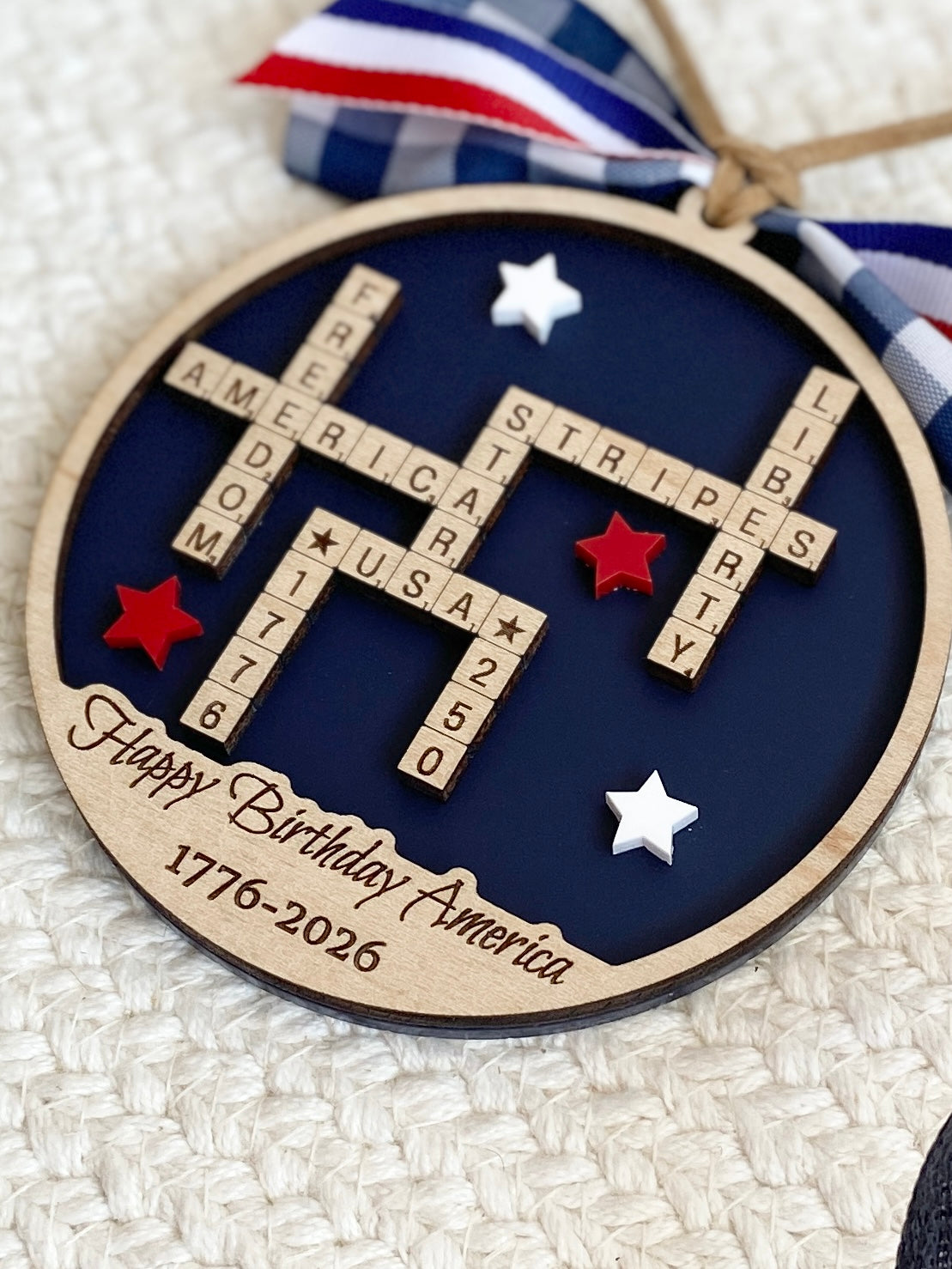4th of July 2026 Ornament | America 250 Crossword Design | Patriotic Keepsake | Navy Blue