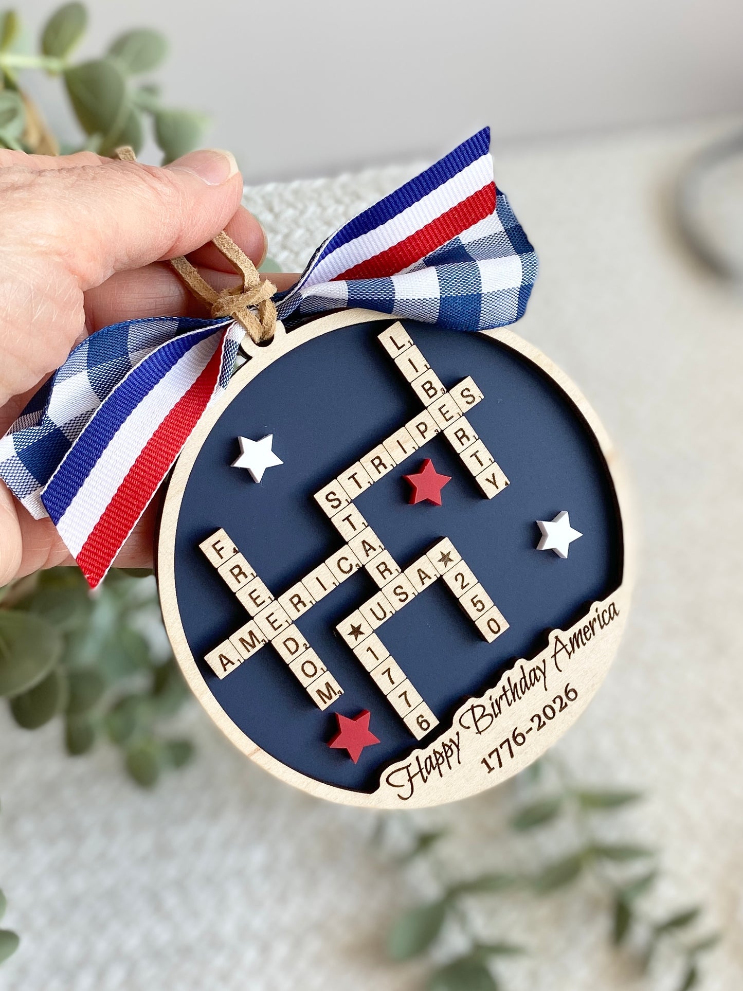 4th of July 2026 Ornament | America 250 Crossword Design | Patriotic Keepsake | Navy Blue