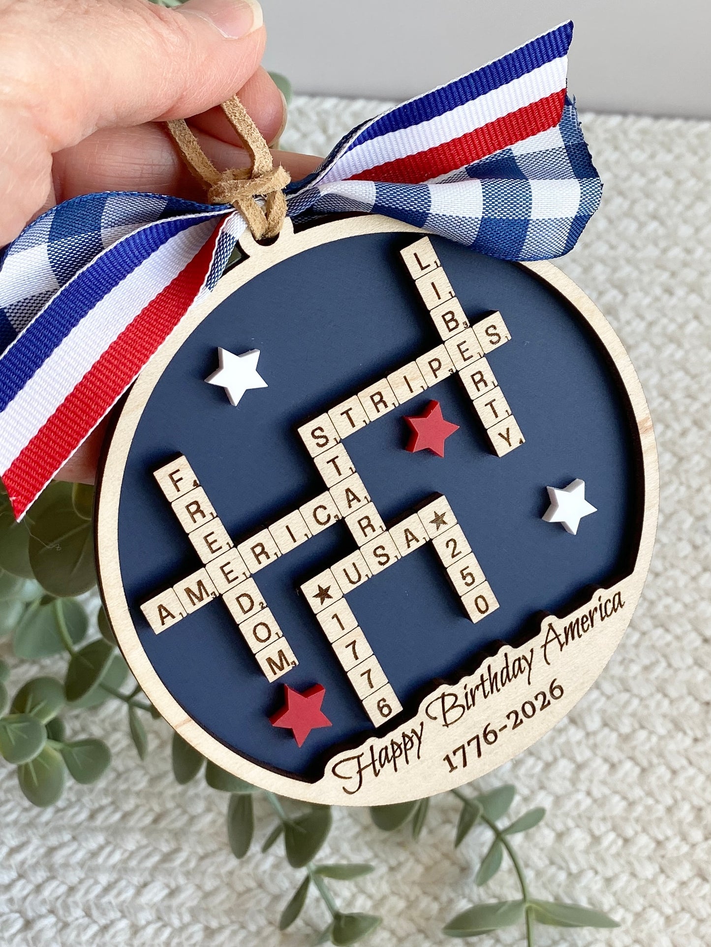 4th of July 2026 Ornament | America 250 Crossword Design | Patriotic Keepsake | Navy Blue