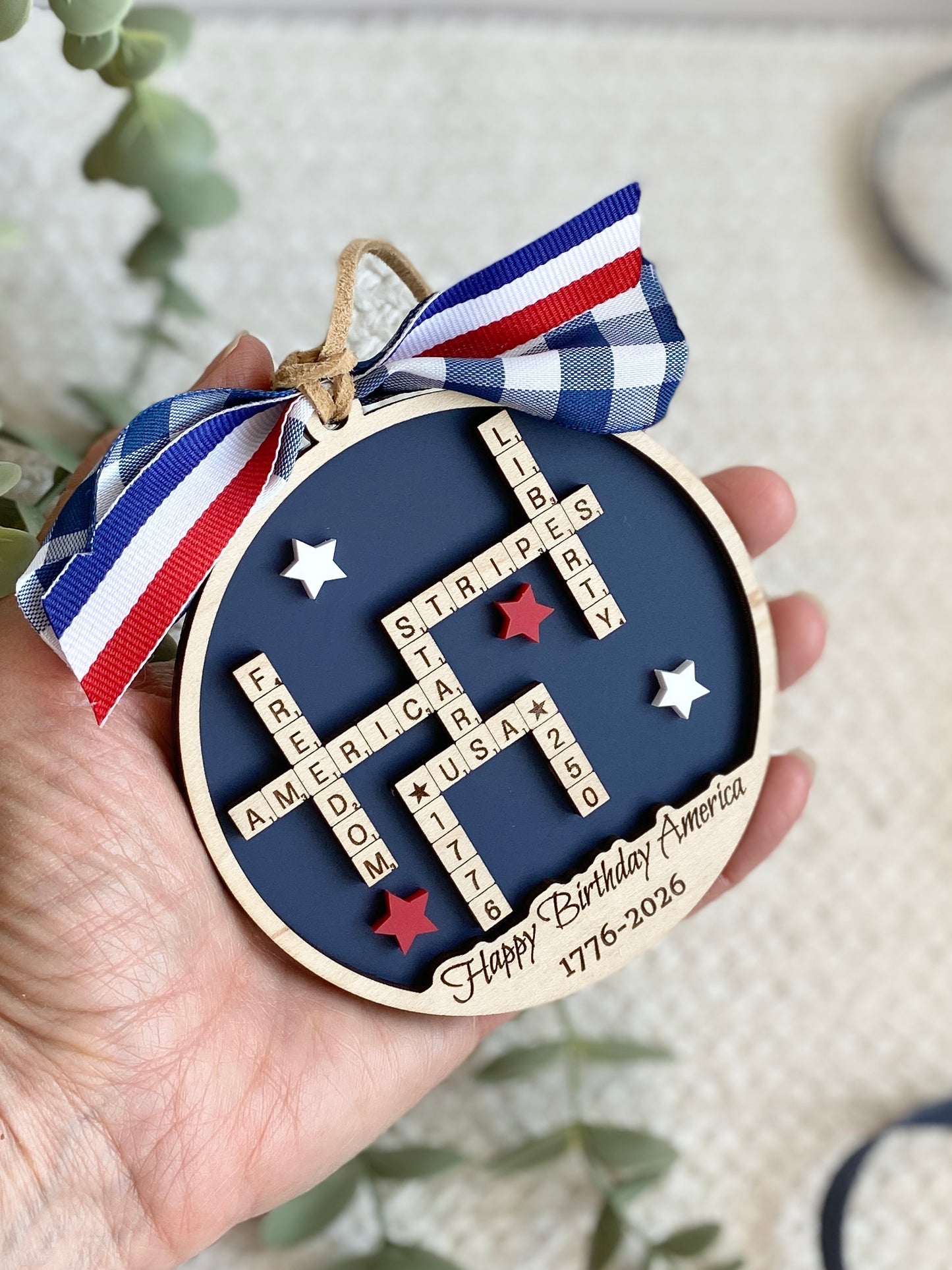 4th of July 2026 Ornament | America 250 Crossword Design | Patriotic Keepsake | Navy Blue